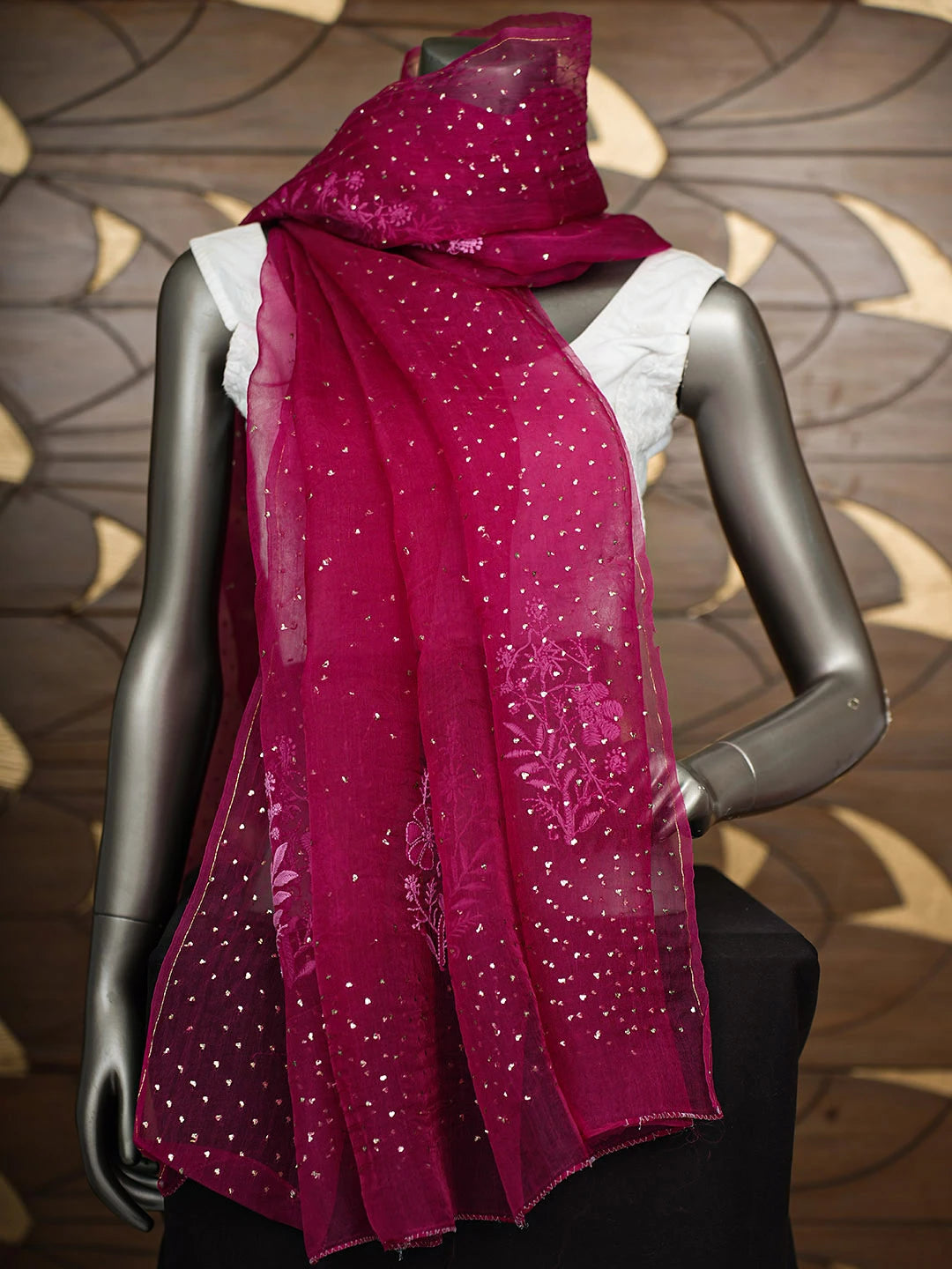 Ada Hand Embroidered Onion Pink Organza Lucknowi Chikankari Dupatta With Muqaish Work 01A781981
