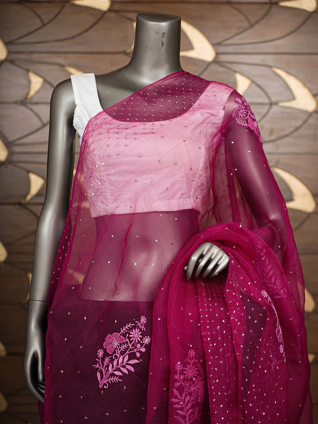Ada Hand Embroidered Onion Pink Organza Lucknowi Chikankari Dupatta With Muqaish Work 01A781981