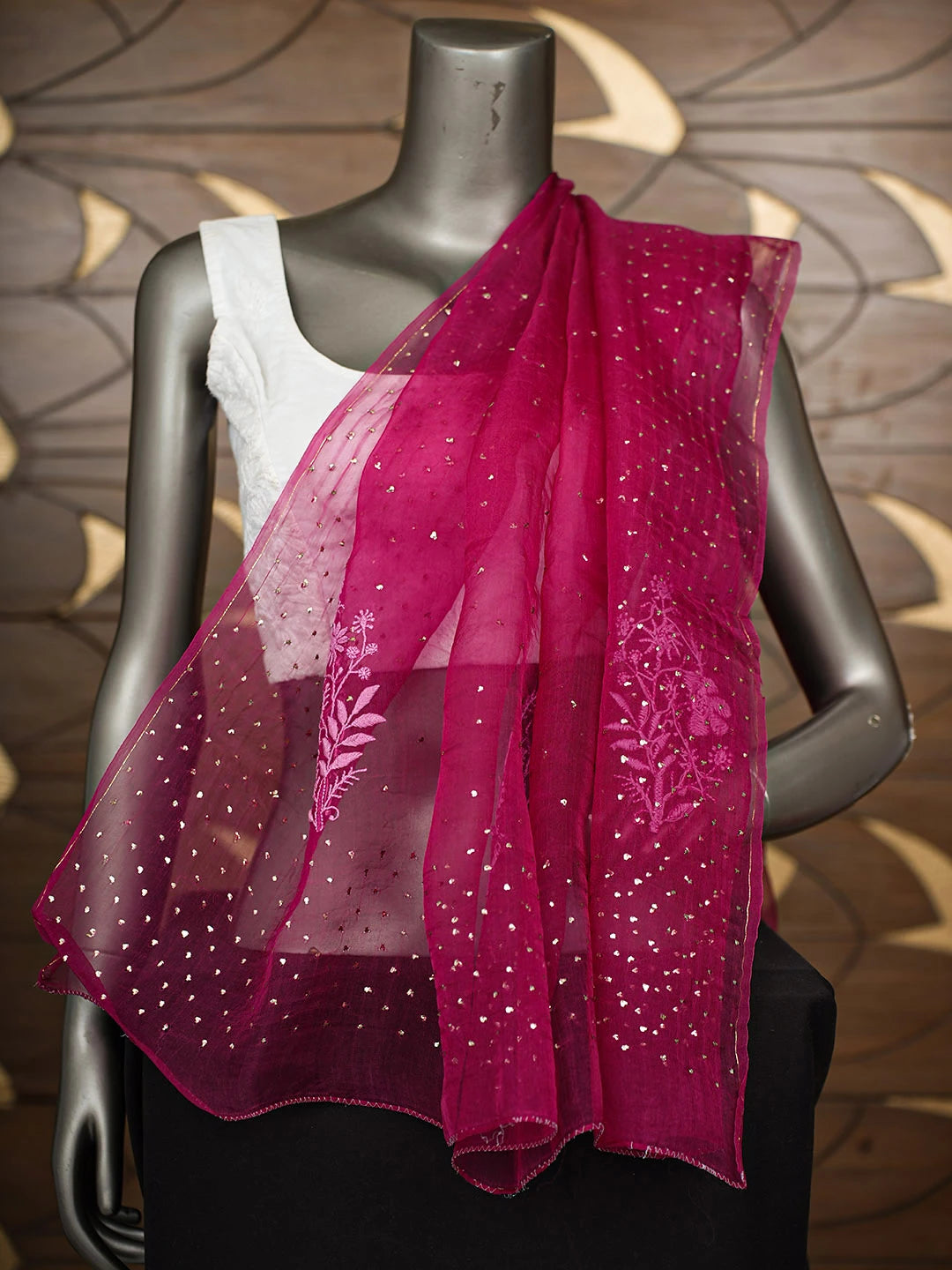 Ada Hand Embroidered Onion Pink Organza Lucknowi Chikankari Dupatta With Muqaish Work 01A781981