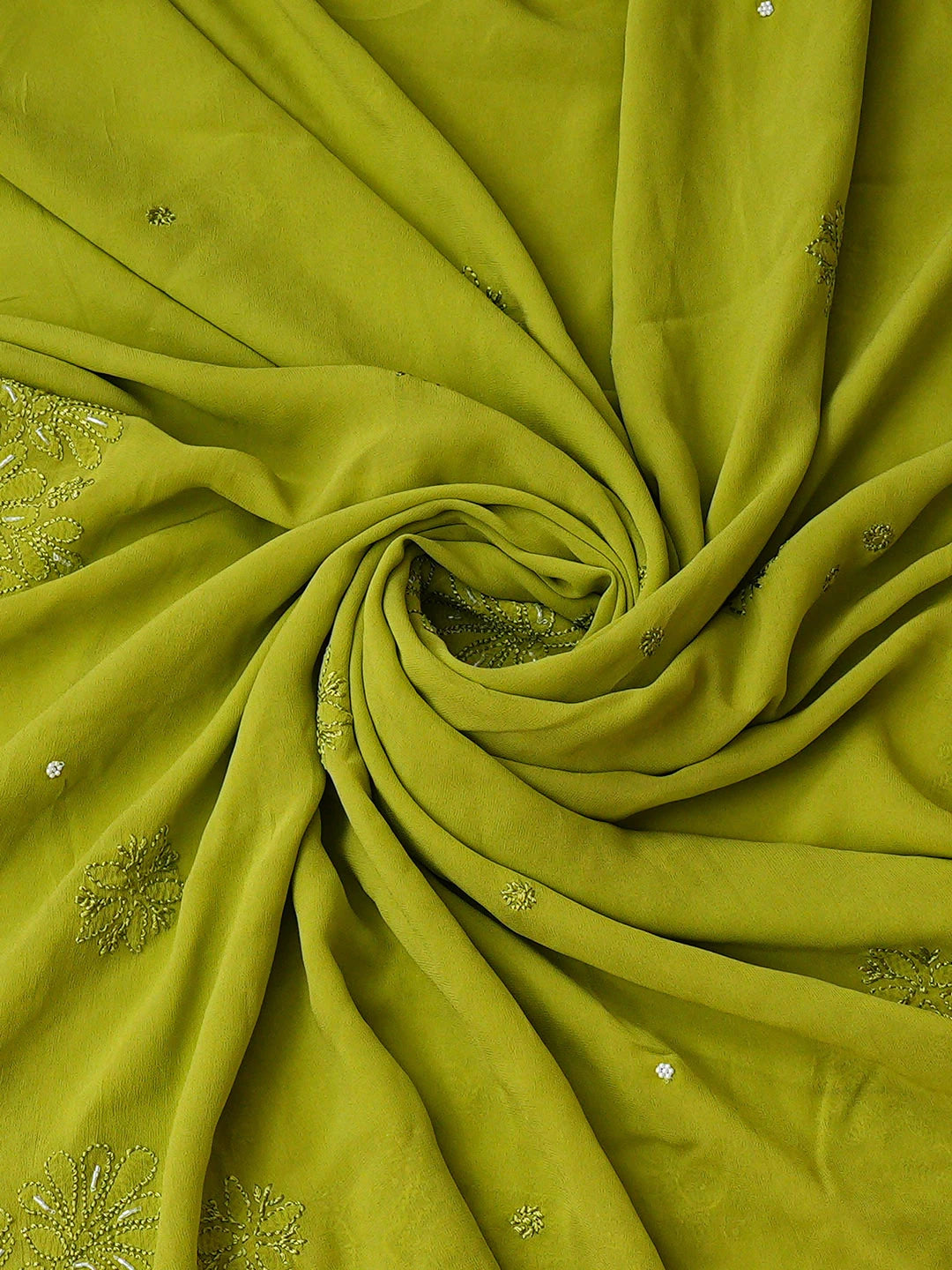 Ada Hand Embroidered Mehandi Green Viscose Georgette Lucknowi Chikankari Unstitched Kurta Dupatta Set With Cutdana Work 01A933579