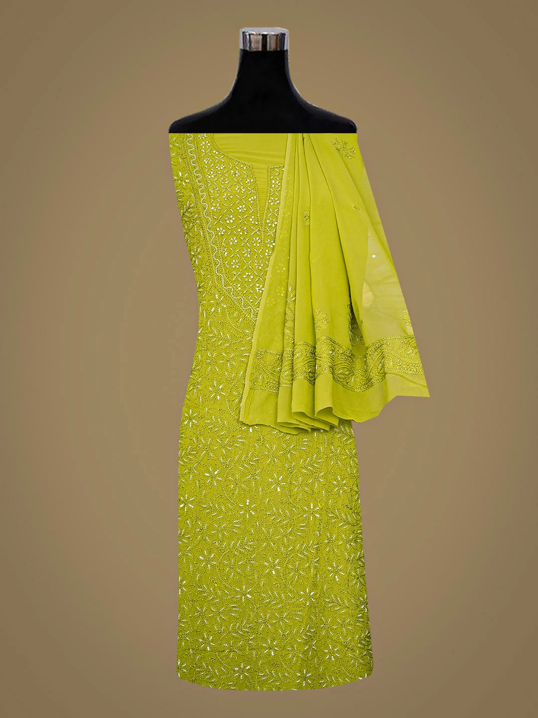 Ada Hand Embroidered Mehandi Green Viscose Georgette Lucknowi Chikankari Unstitched Kurta Dupatta Set With Cutdana Work 01A933579
