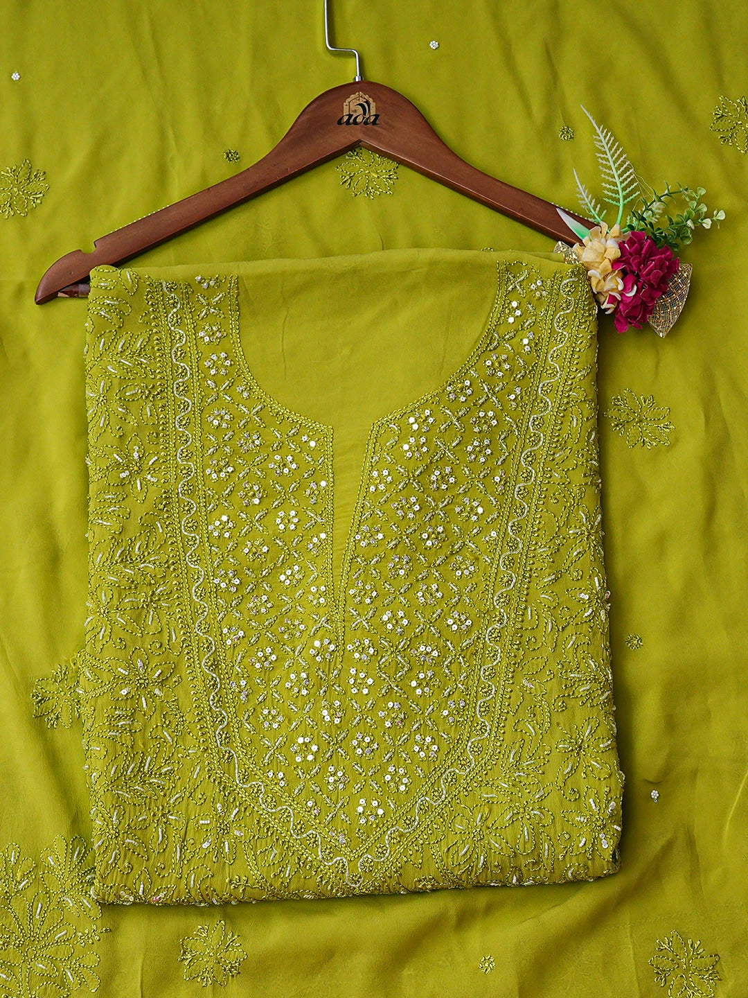 Ada Hand Embroidered Mehandi Green Viscose Georgette Lucknowi Chikankari Unstitched Kurta Dupatta Set With Cutdana Work 01A933579
