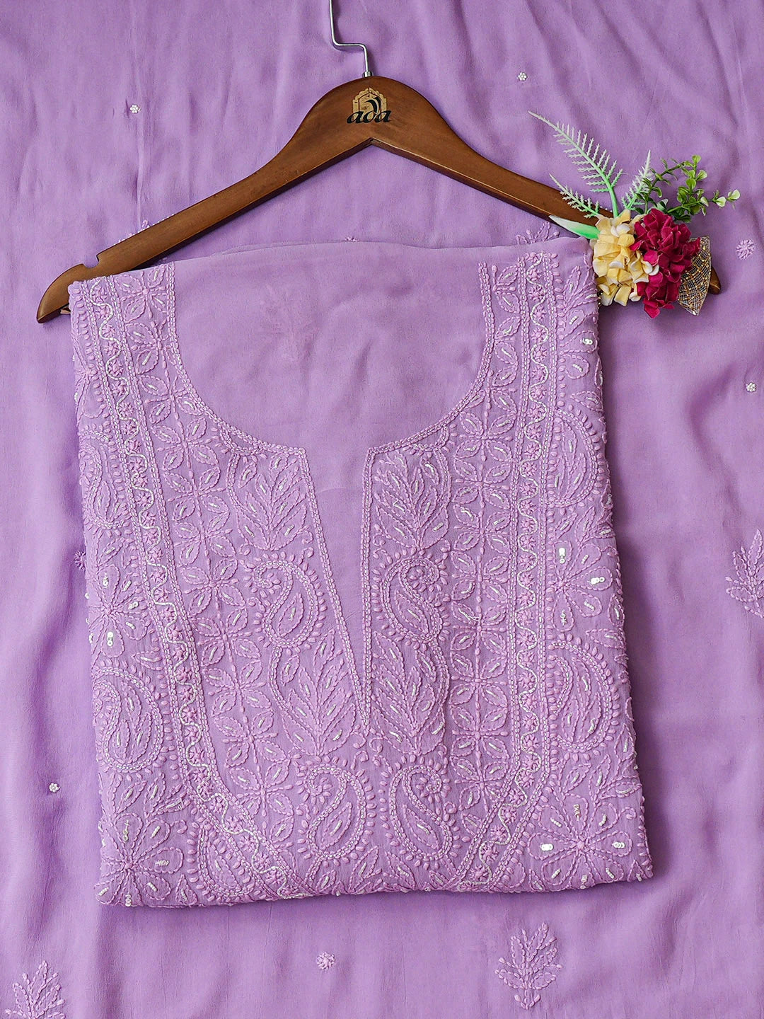 Ada Hand Embroidered Mauve Viscose Georgette Lucknowi Chikankari Unstitched Kurta Dupatta Set With Cutdana Work 01A933515