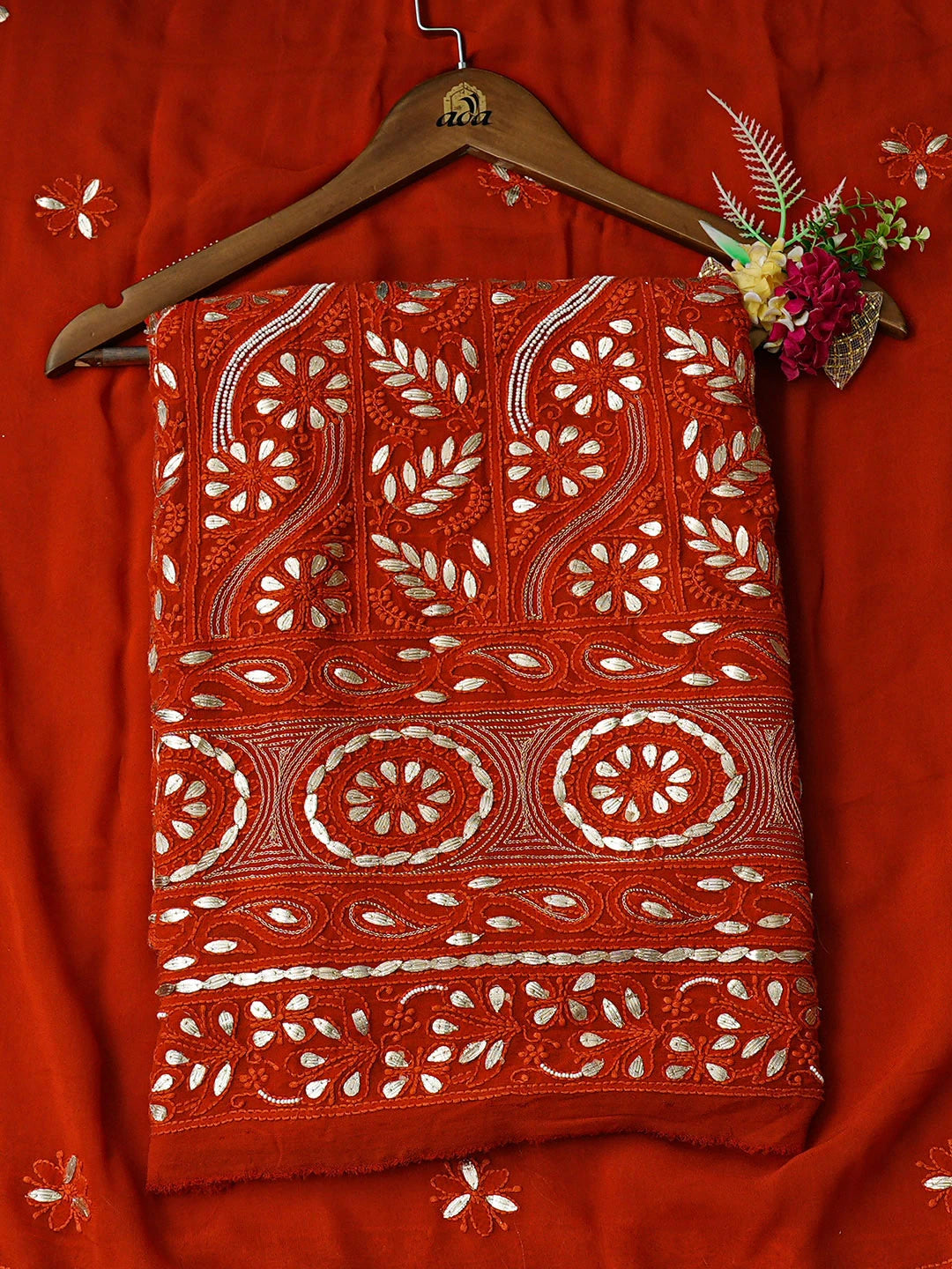 Ada Hand Embroidered Rust Viscose Georgette Lucknowi Chikankari Unstitched Kurta Dupatta Set With Gota Patti Work 01A934098