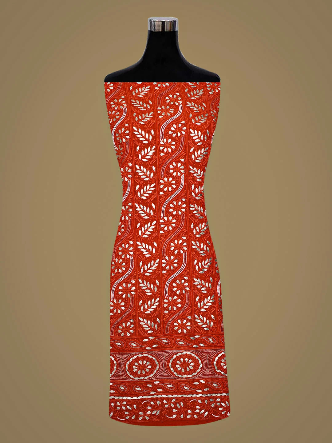 Ada Hand Embroidered Rust Viscose Georgette Lucknowi Chikankari Unstitched Kurta Dupatta Set With Gota Patti Work 01A934098