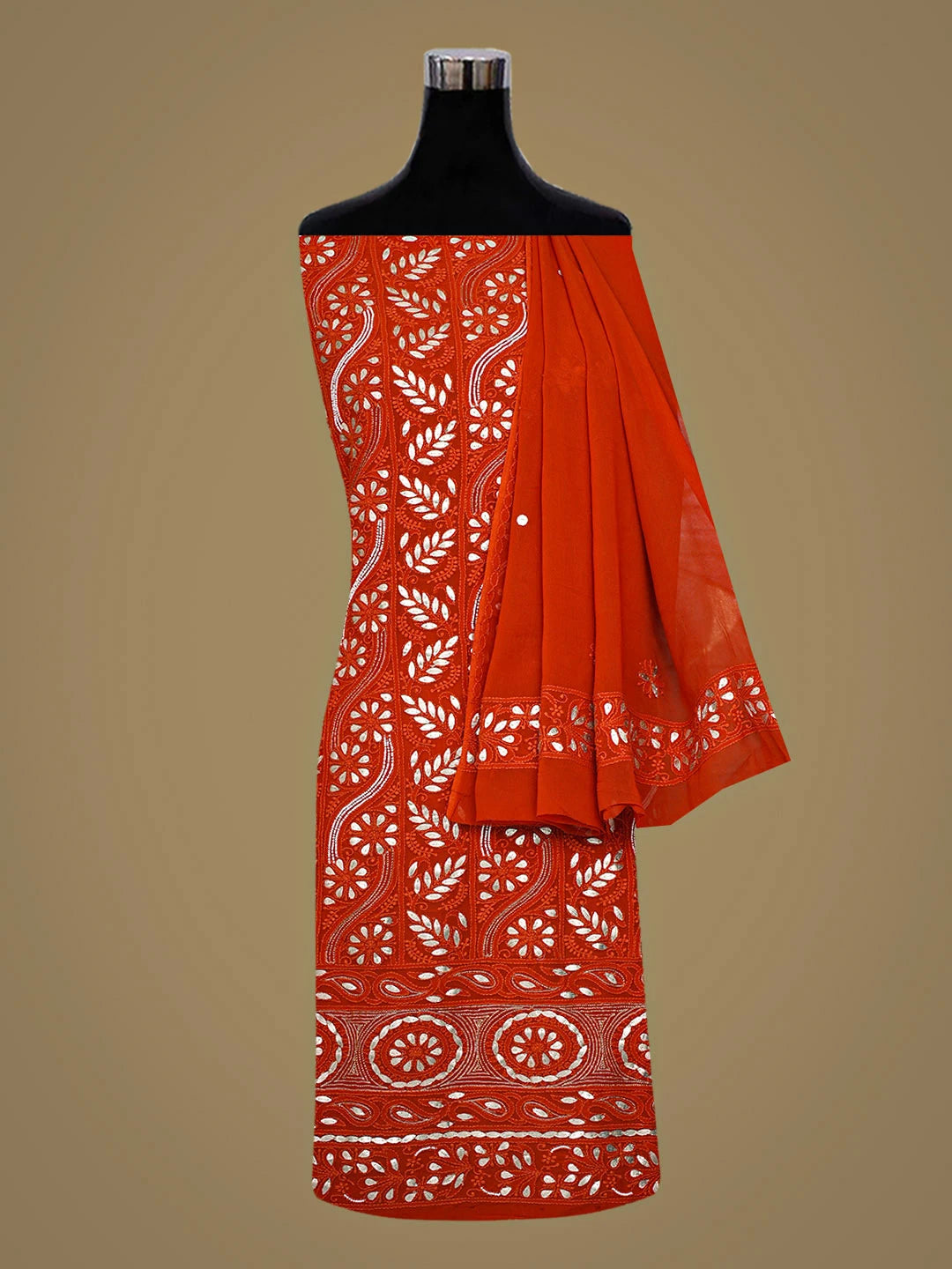 Ada Hand Embroidered Rust Viscose Georgette Lucknowi Chikankari Unstitched Kurta Dupatta Set With Gota Patti Work 01A934098