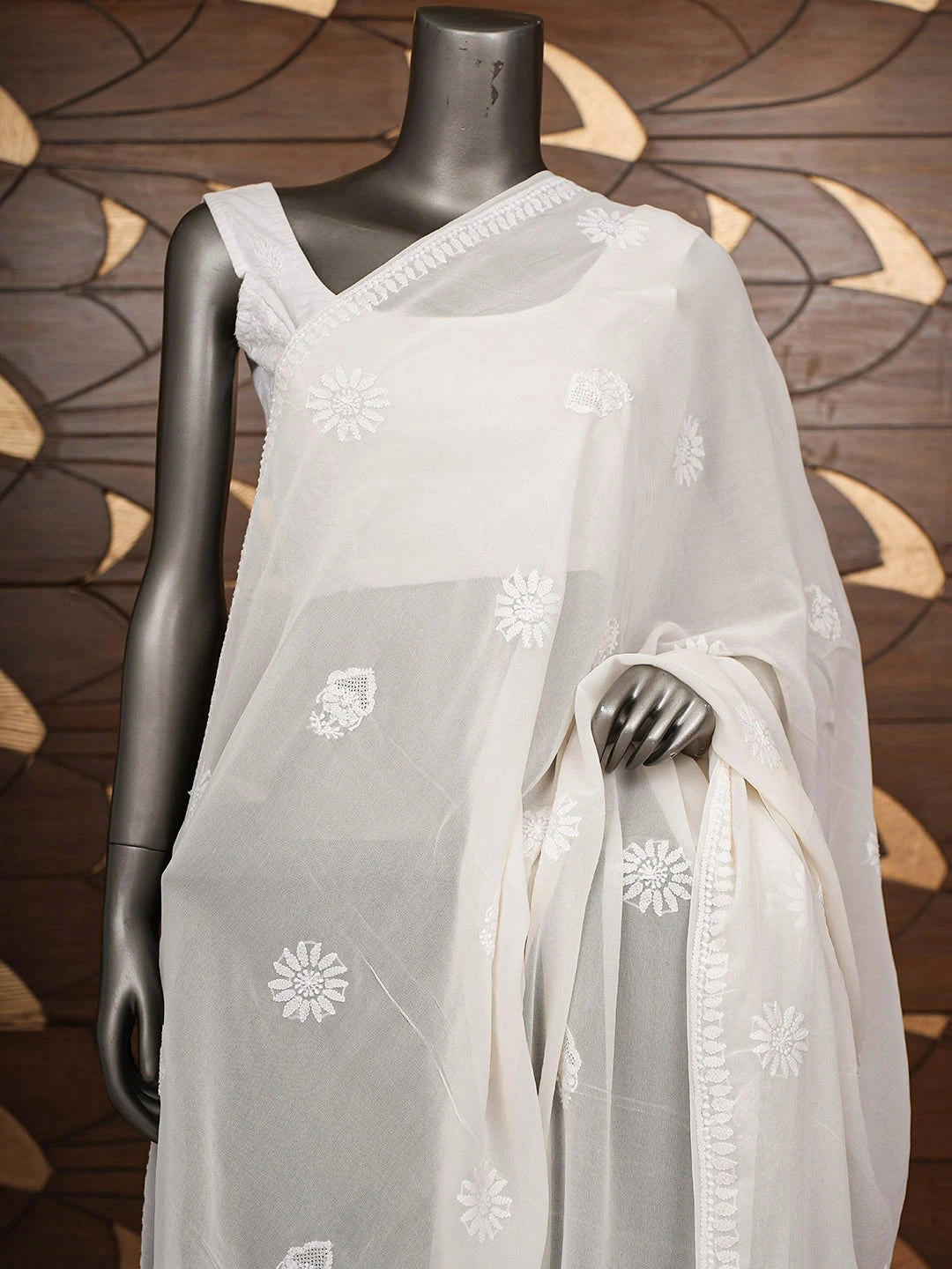Ada Hand Embroidered Floral White Pure Georgette Lucknowi Chikankari Dupatta 01A899456