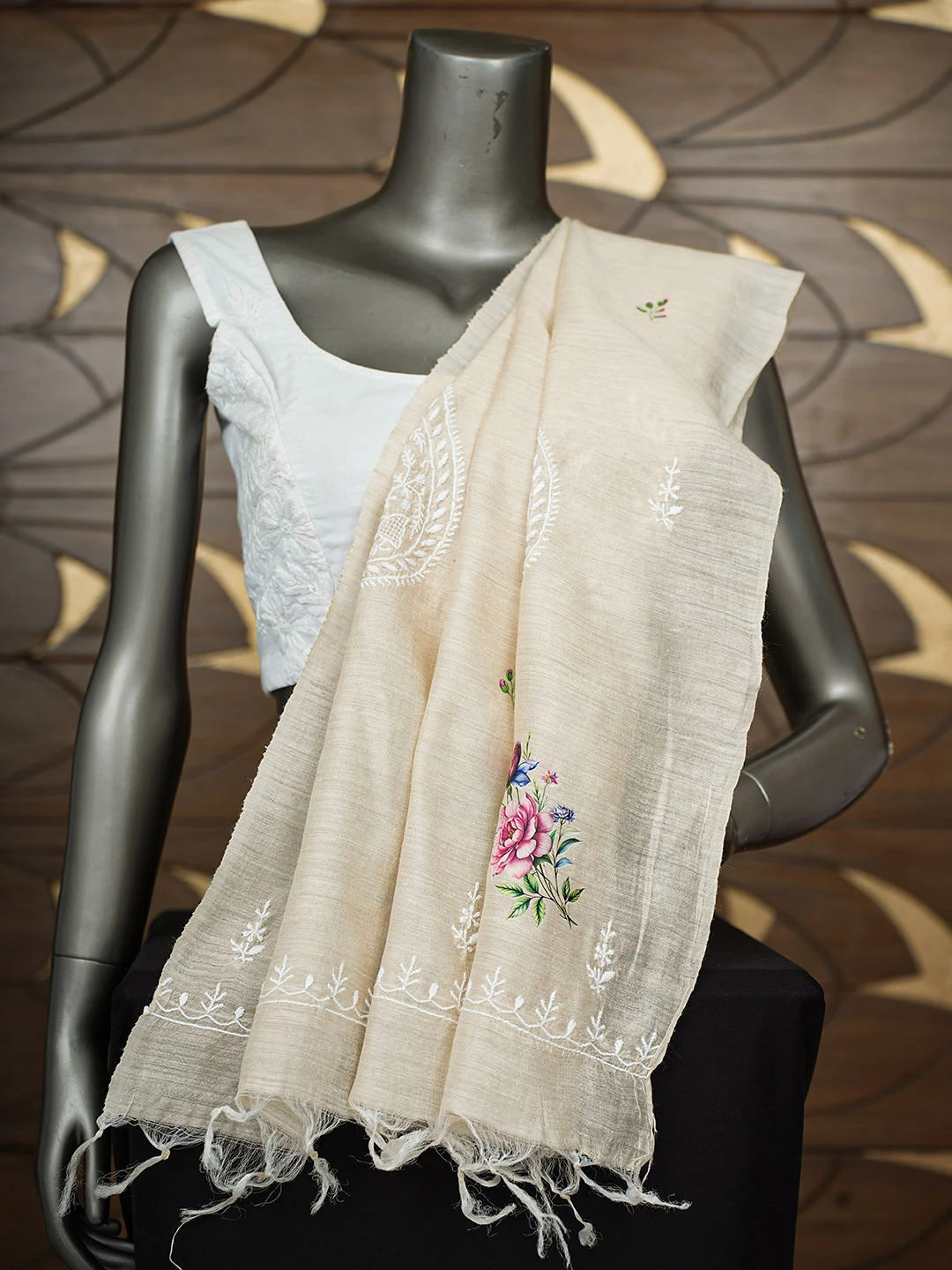 Ada Hand Embroidered Floral Printed Fawn Monga Silk Lucknowi Chikankari Dupatta 01A881934