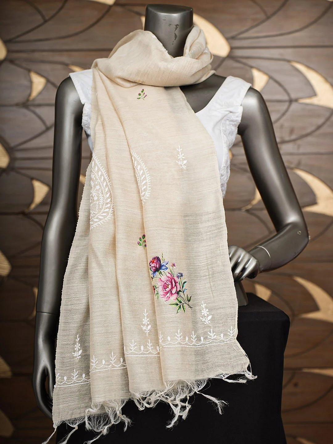 Ada Hand Embroidered Floral Printed Fawn Monga Silk Lucknowi Chikankari Dupatta 01A881934