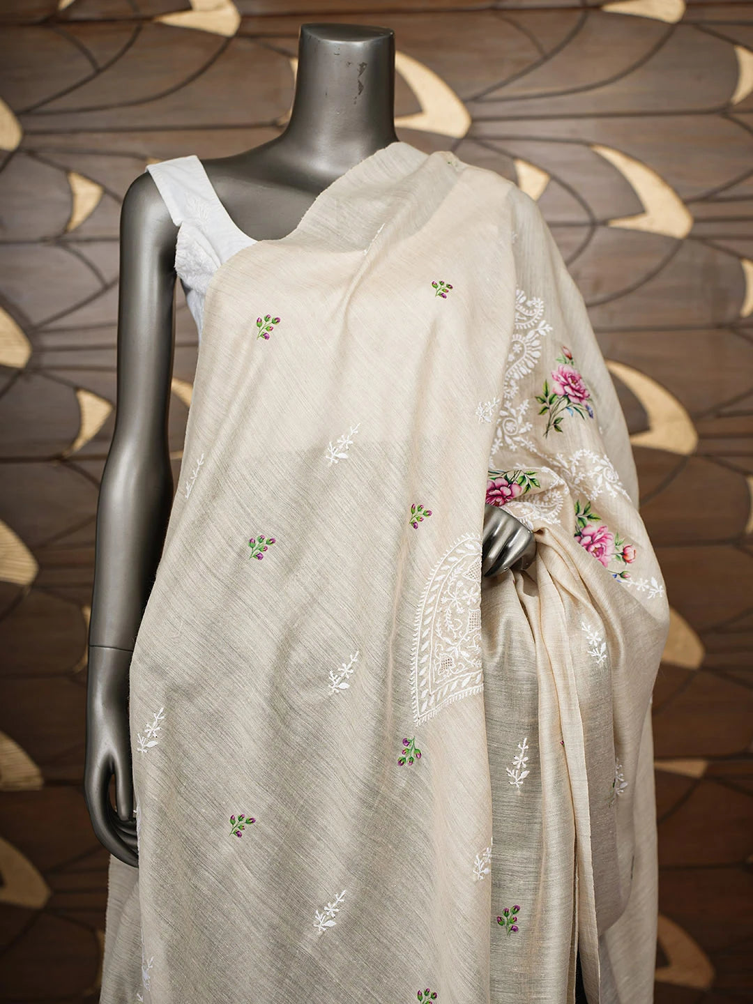 Ada Hand Embroidered Floral Printed Fawn Monga Silk Lucknowi Chikankari Dupatta 01A881934