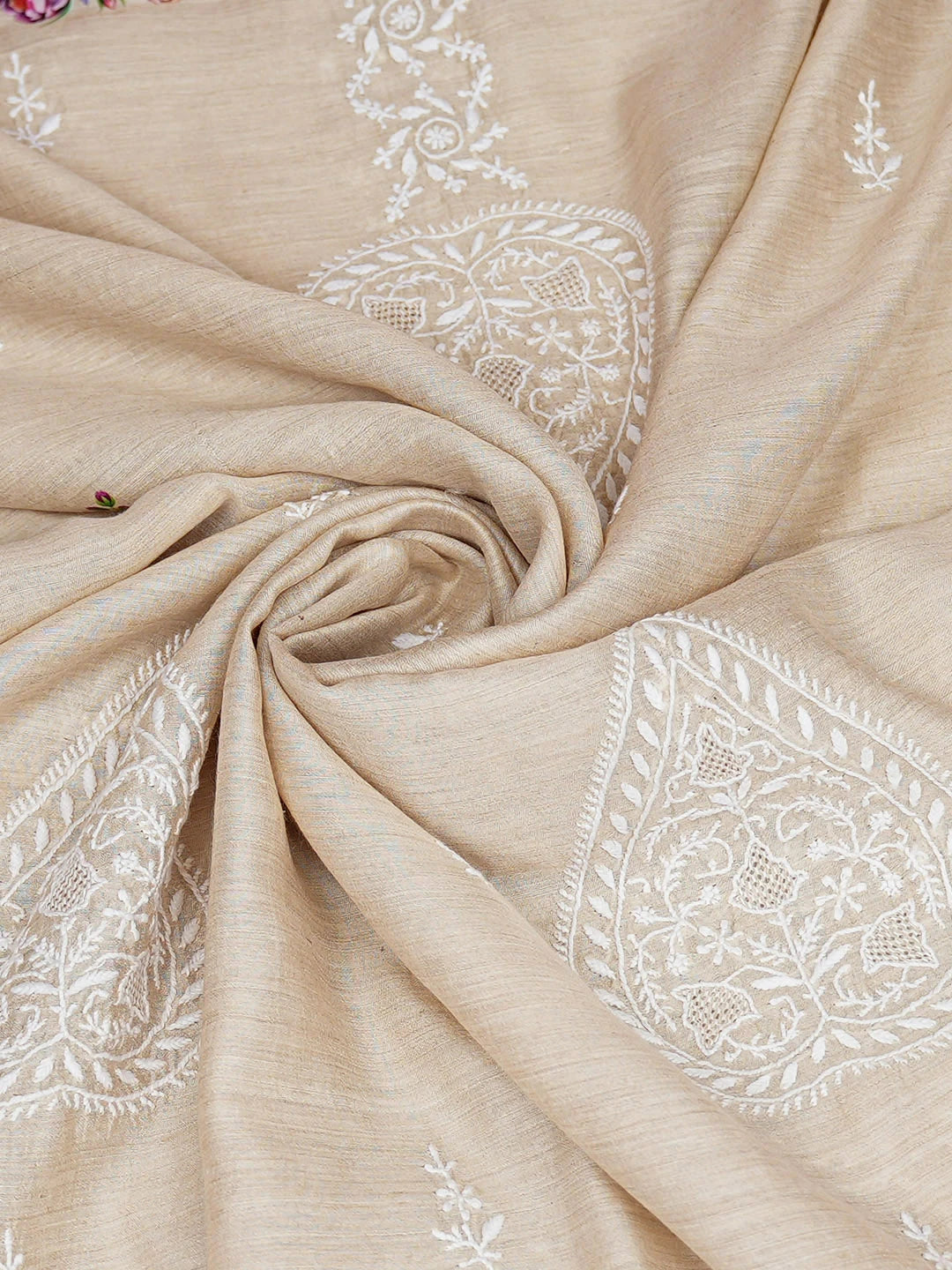 Ada Hand Embroidered Floral Printed Fawn Monga Silk Lucknowi Chikankari Dupatta 01A881934