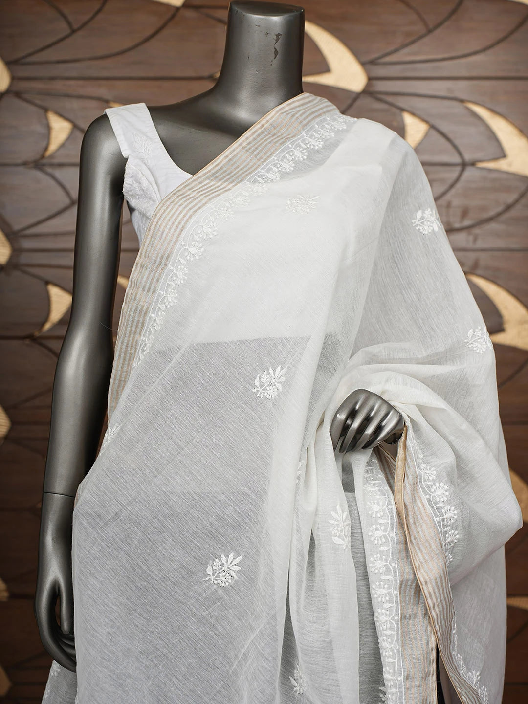 Ada Hand Embroidered White Chanderi Lucknowi Chikankari Dupatta 01A922687