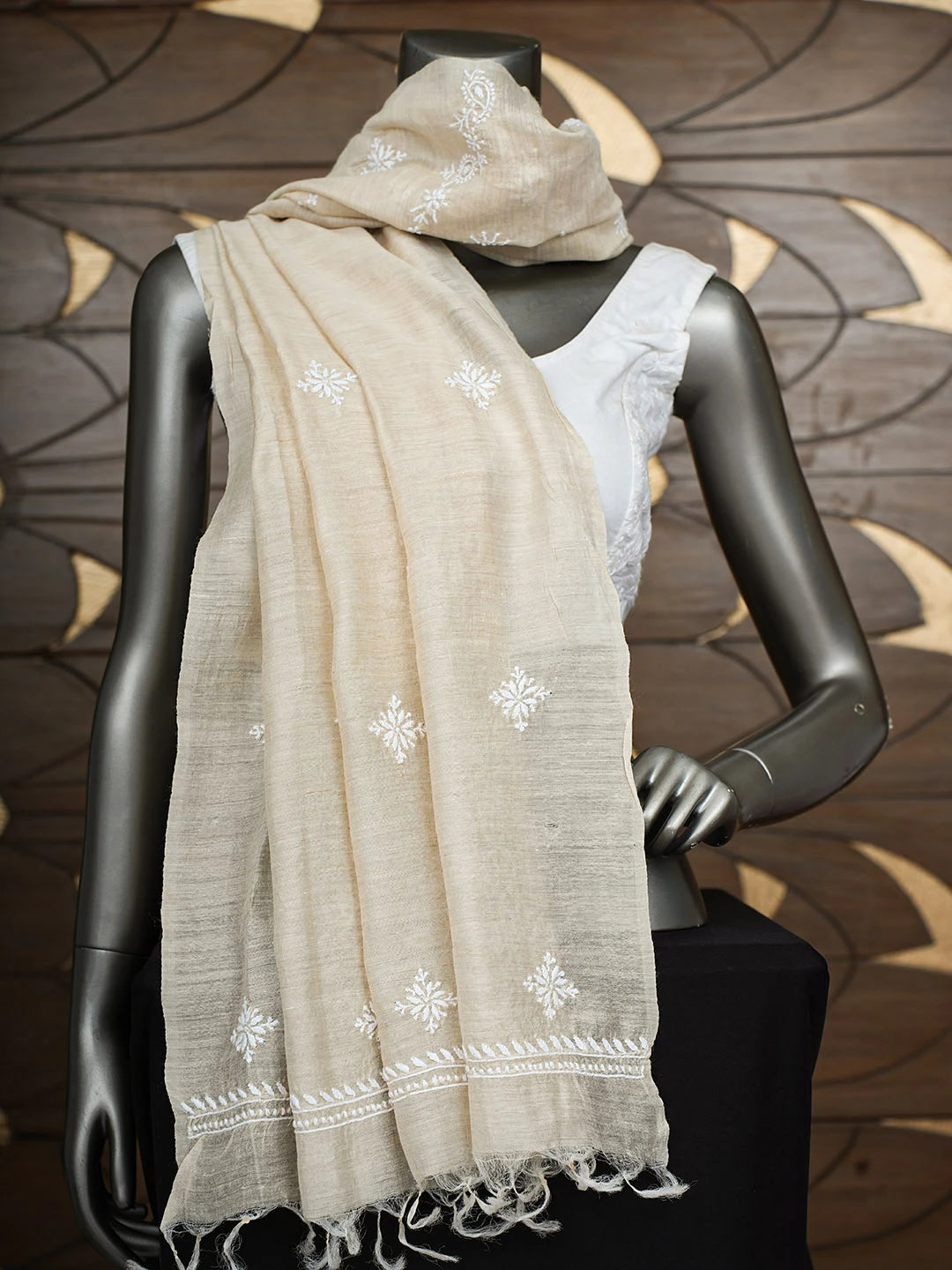 Ada Hand Embroidered Fawn Moonga Silk Lucknowi Chikankari Dupatta 01A881926