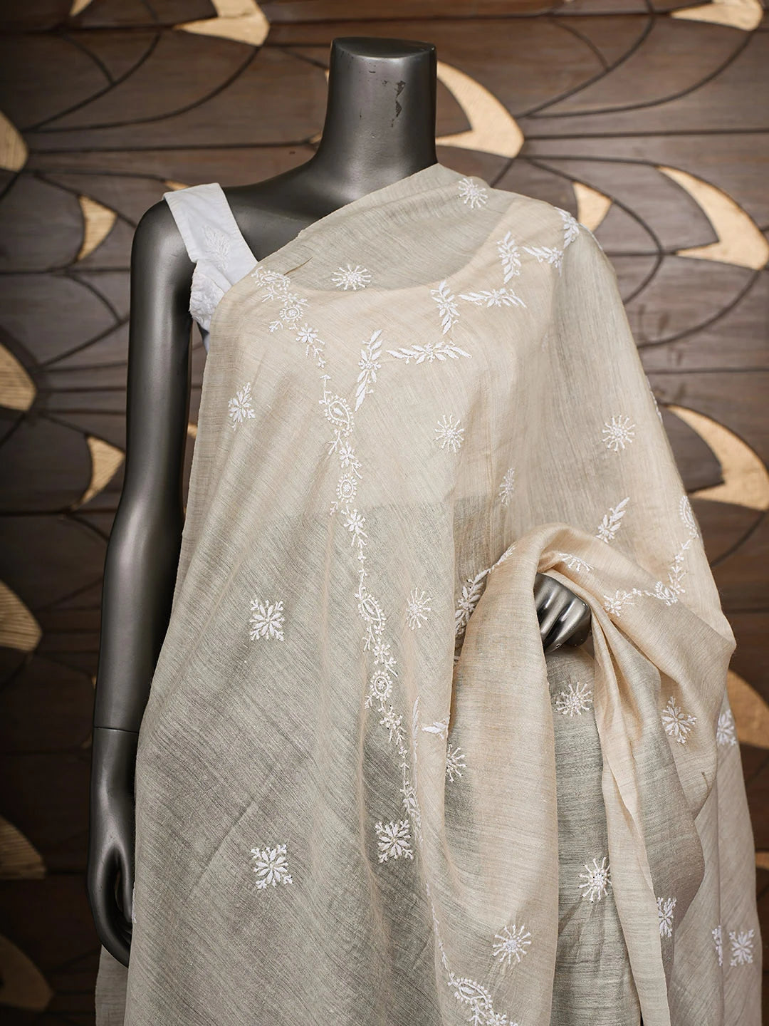 Ada Hand Embroidered Fawn Moonga Silk Lucknowi Chikankari Dupatta 01A881926