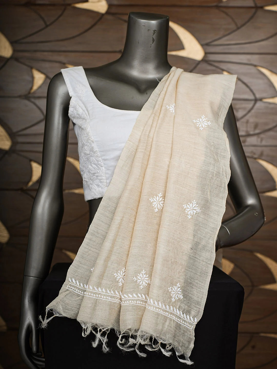 Ada Hand Embroidered Fawn Moonga Silk Lucknowi Chikankari Dupatta 01A881926