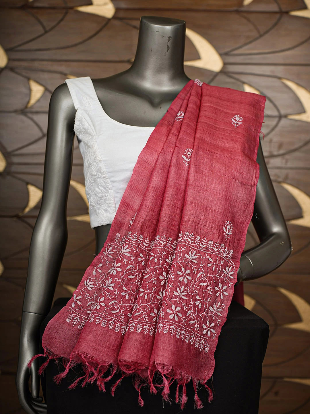 Ada Hand Embroidered Maroon Tusser Silk Lucknowi Chikankari Dupatta 01A904193