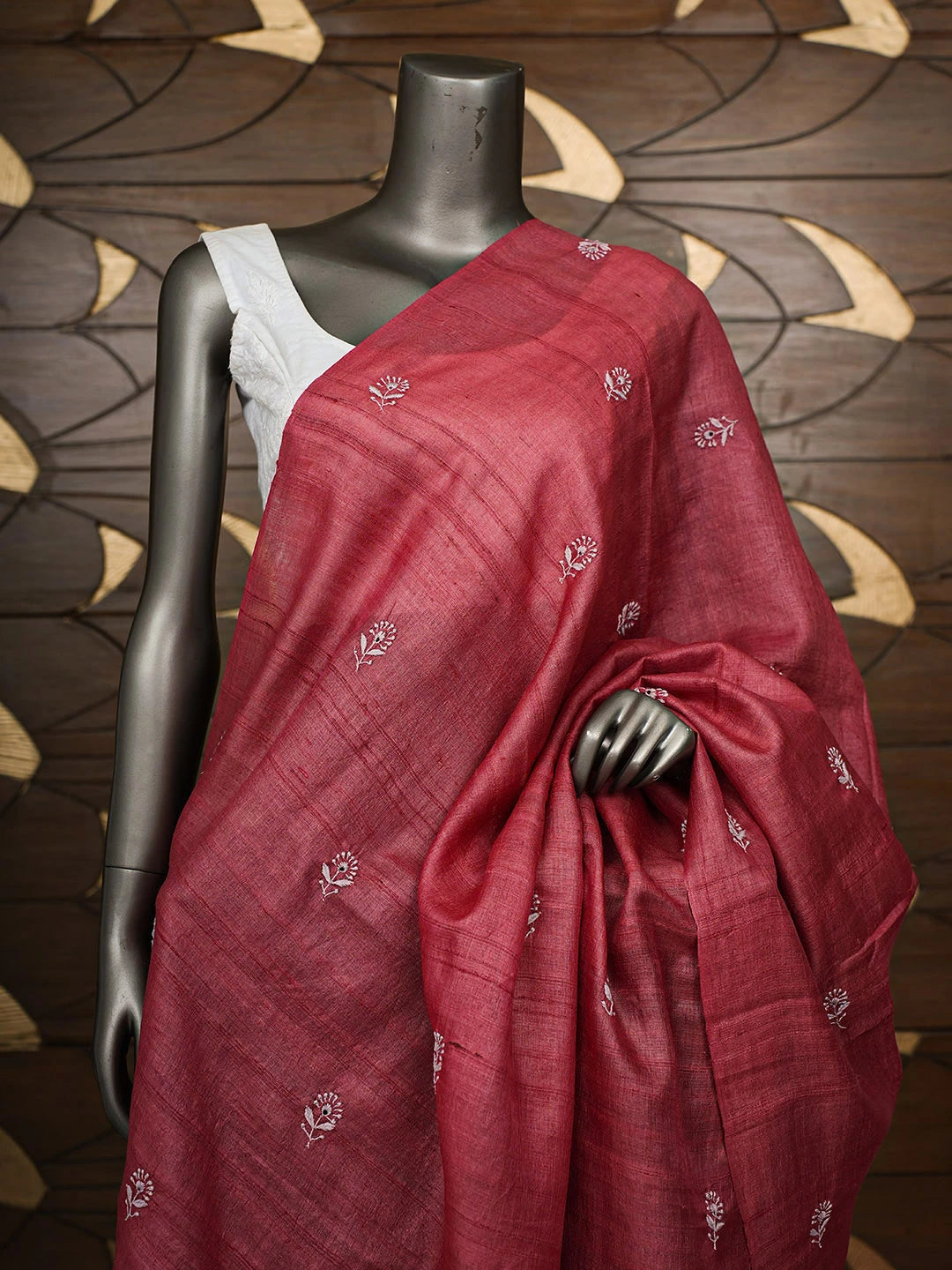 Ada Hand Embroidered Maroon Tusser Silk Lucknowi Chikankari Dupatta 01A904193