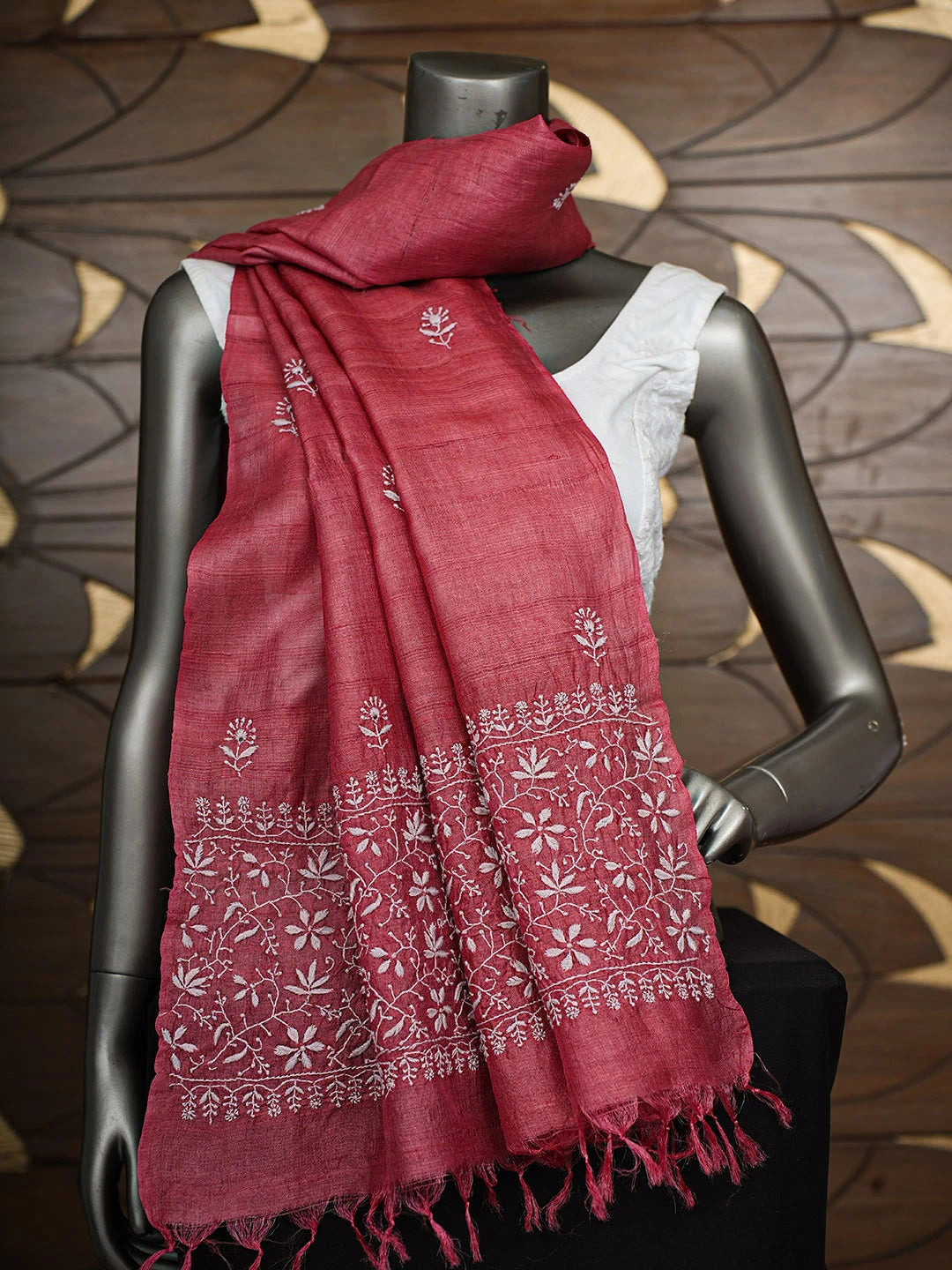 Ada Hand Embroidered Maroon Tusser Silk Lucknowi Chikankari Dupatta 01A904193