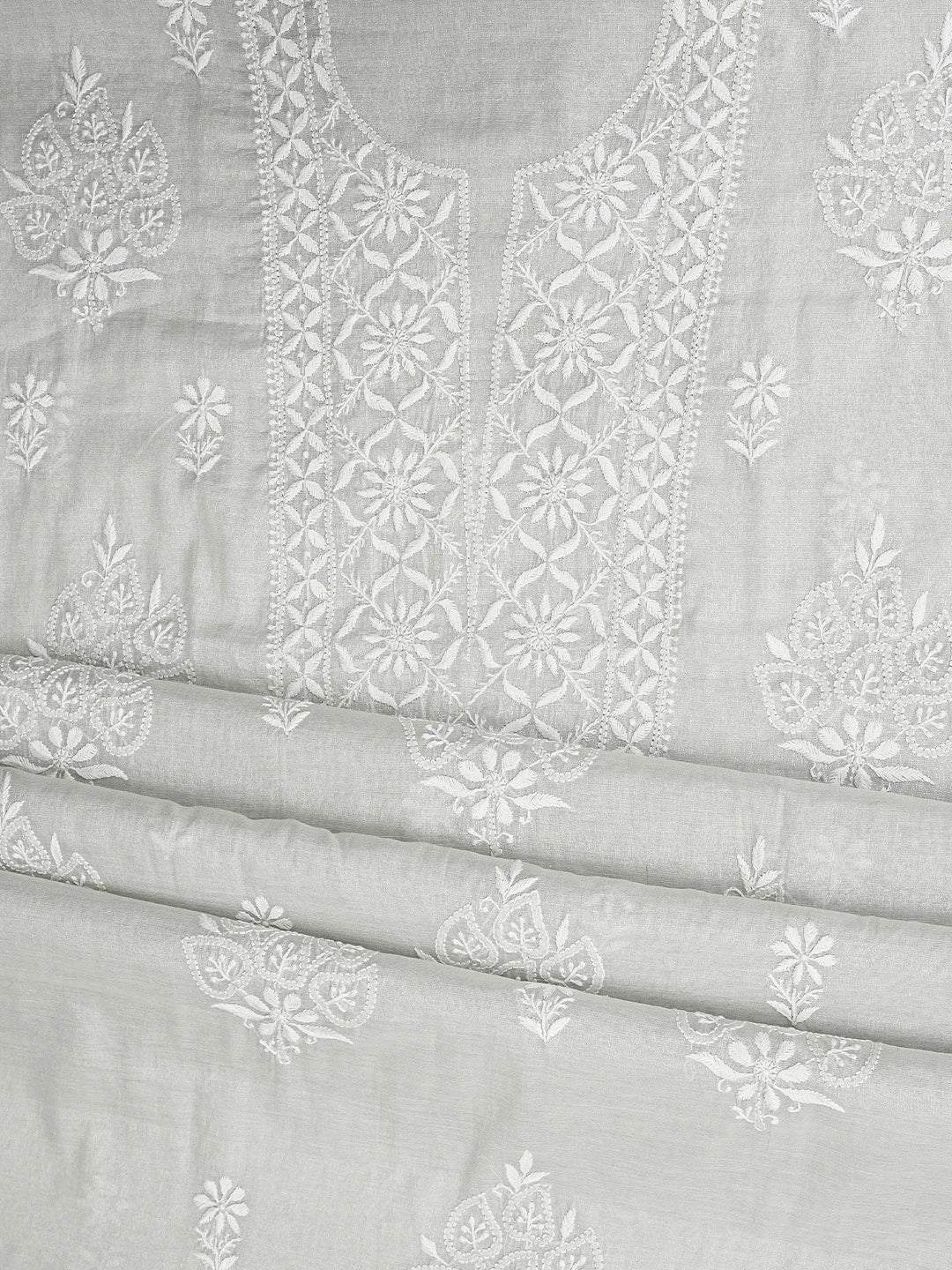 Ada Hand Embroidered Grey Tissue Lucknowi Chikankari Unstitched Kurta Dupatta Set 01A901655