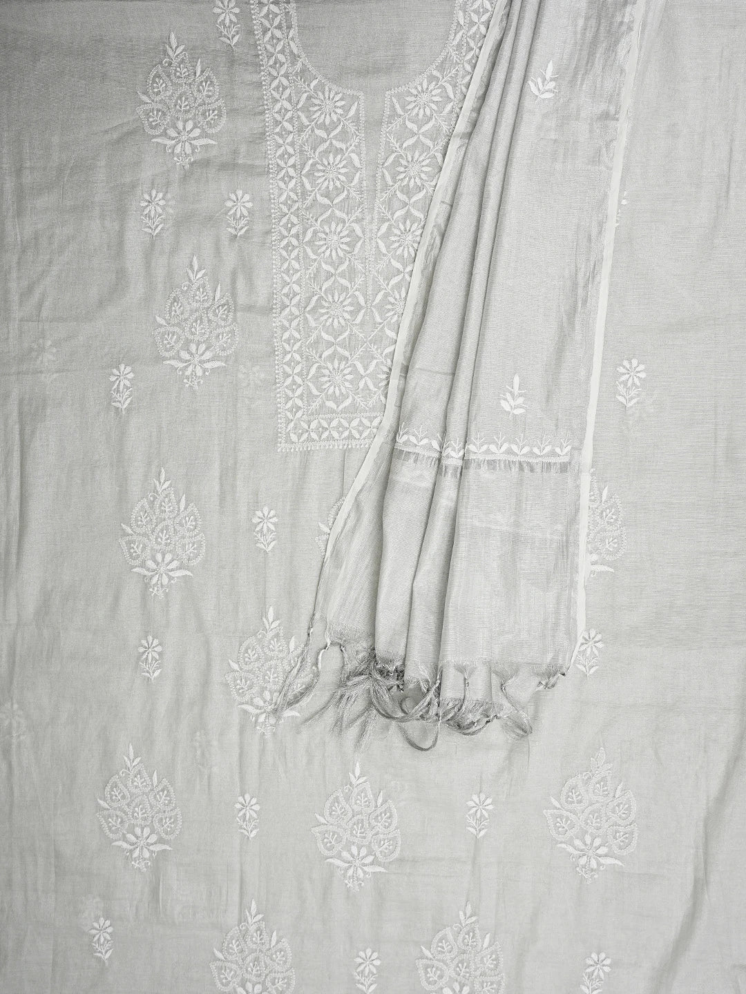 Ada Hand Embroidered Grey Tissue Lucknowi Chikankari Unstitched Kurta Dupatta Set 01A901655