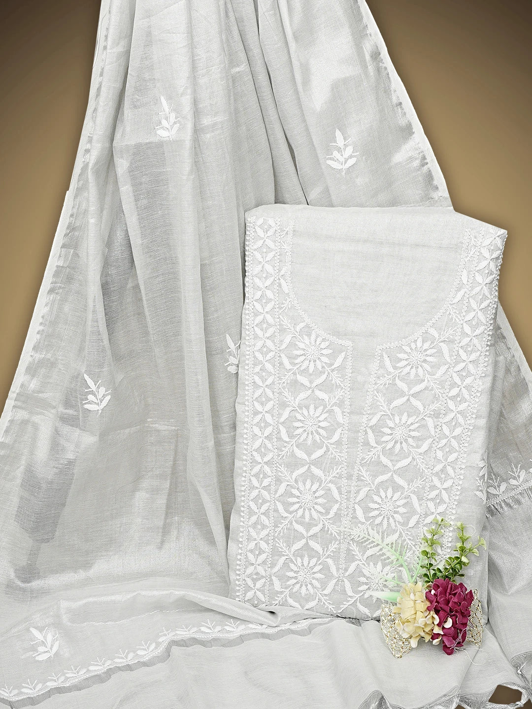 Ada Hand Embroidered Grey Tissue Lucknowi Chikankari Unstitched Kurta Dupatta Set 01A901655