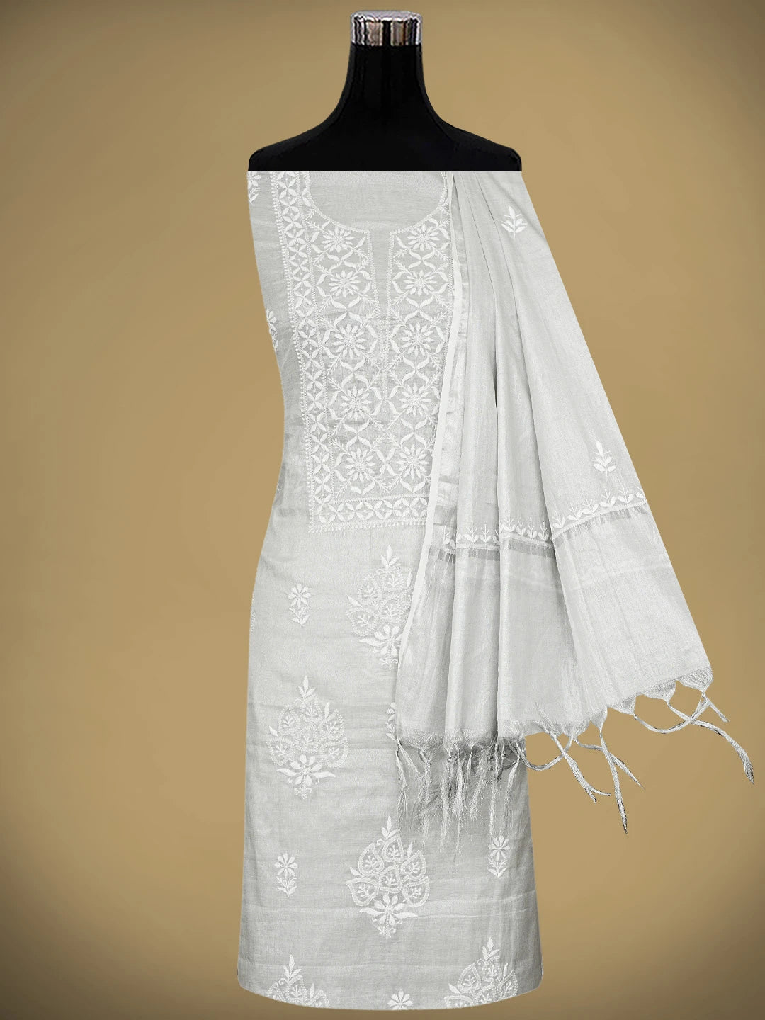 Ada Hand Embroidered Grey Tissue Lucknowi Chikankari Unstitched Kurta Dupatta Set 01A901655