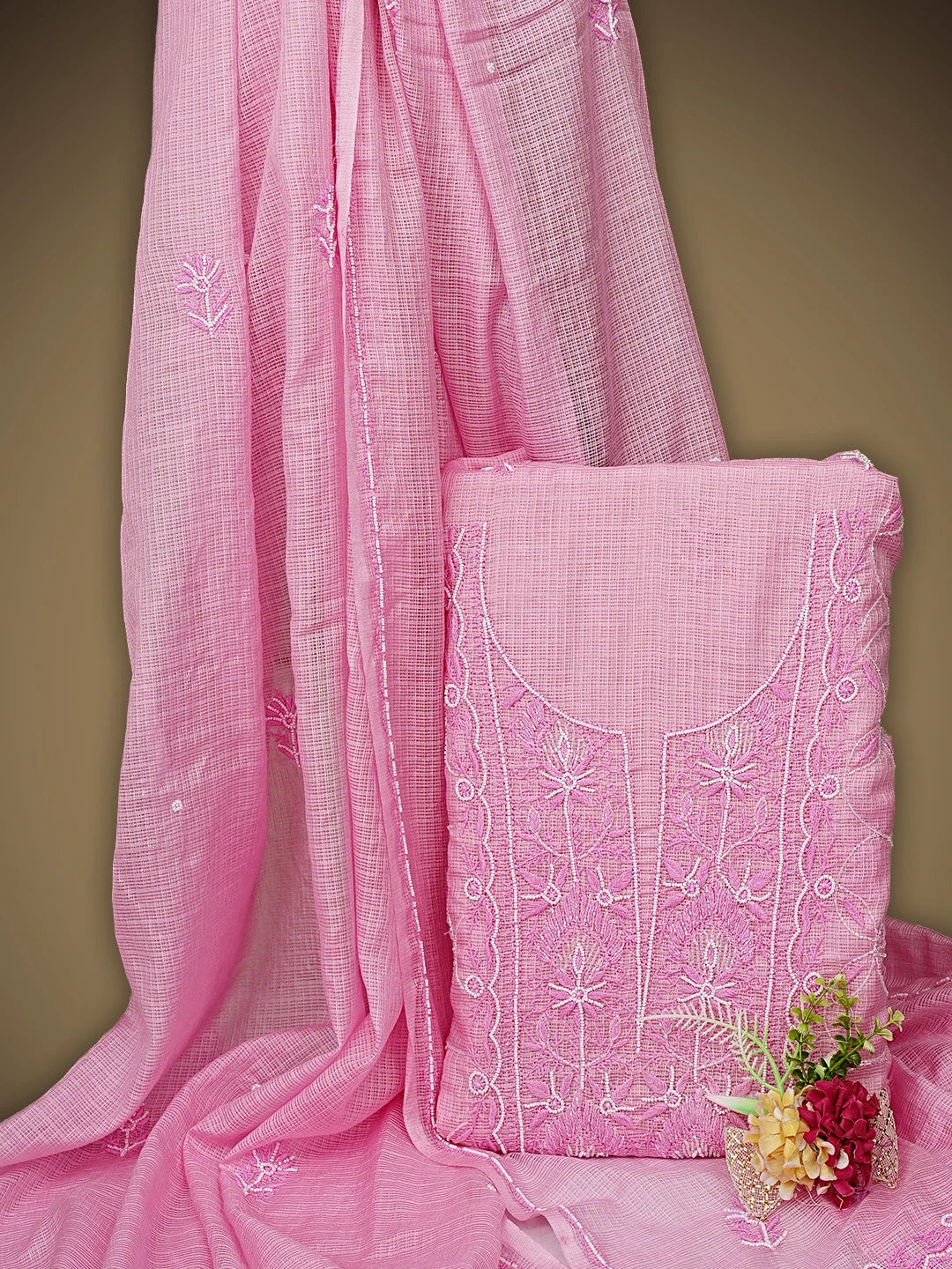 Ada Hand Embroidered Pink Mist Kota Lucknowi Chikankari Unstitched Kurta Dupatta Set With Cutdana Work 01A911344