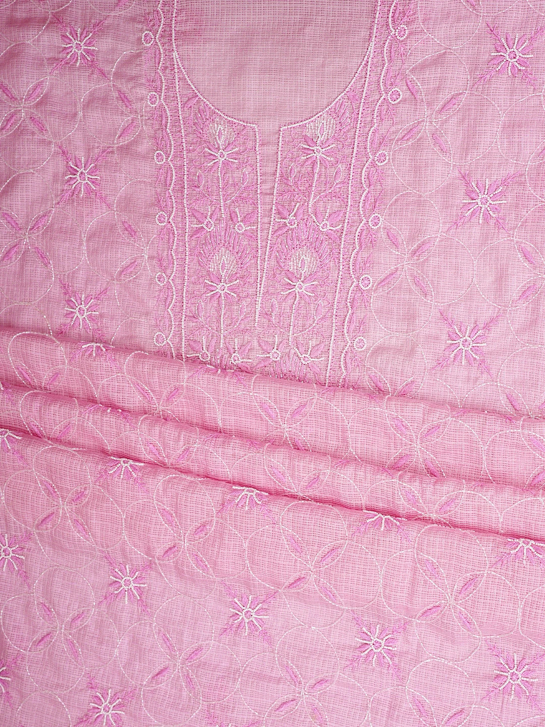 Ada Hand Embroidered Pink Mist Kota Lucknowi Chikankari Unstitched Kurta Dupatta Set With Cutdana Work 01A911344