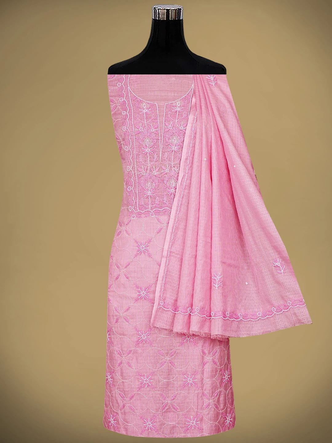 Ada Hand Embroidered Pink Mist Kota Lucknowi Chikankari Unstitched Kurta Dupatta Set With Cutdana Work 01A911344