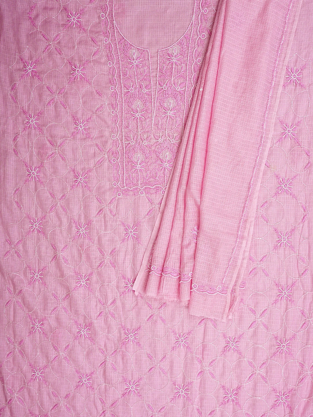 Ada Hand Embroidered Pink Mist Kota Lucknowi Chikankari Unstitched Kurta Dupatta Set With Cutdana Work 01A911344