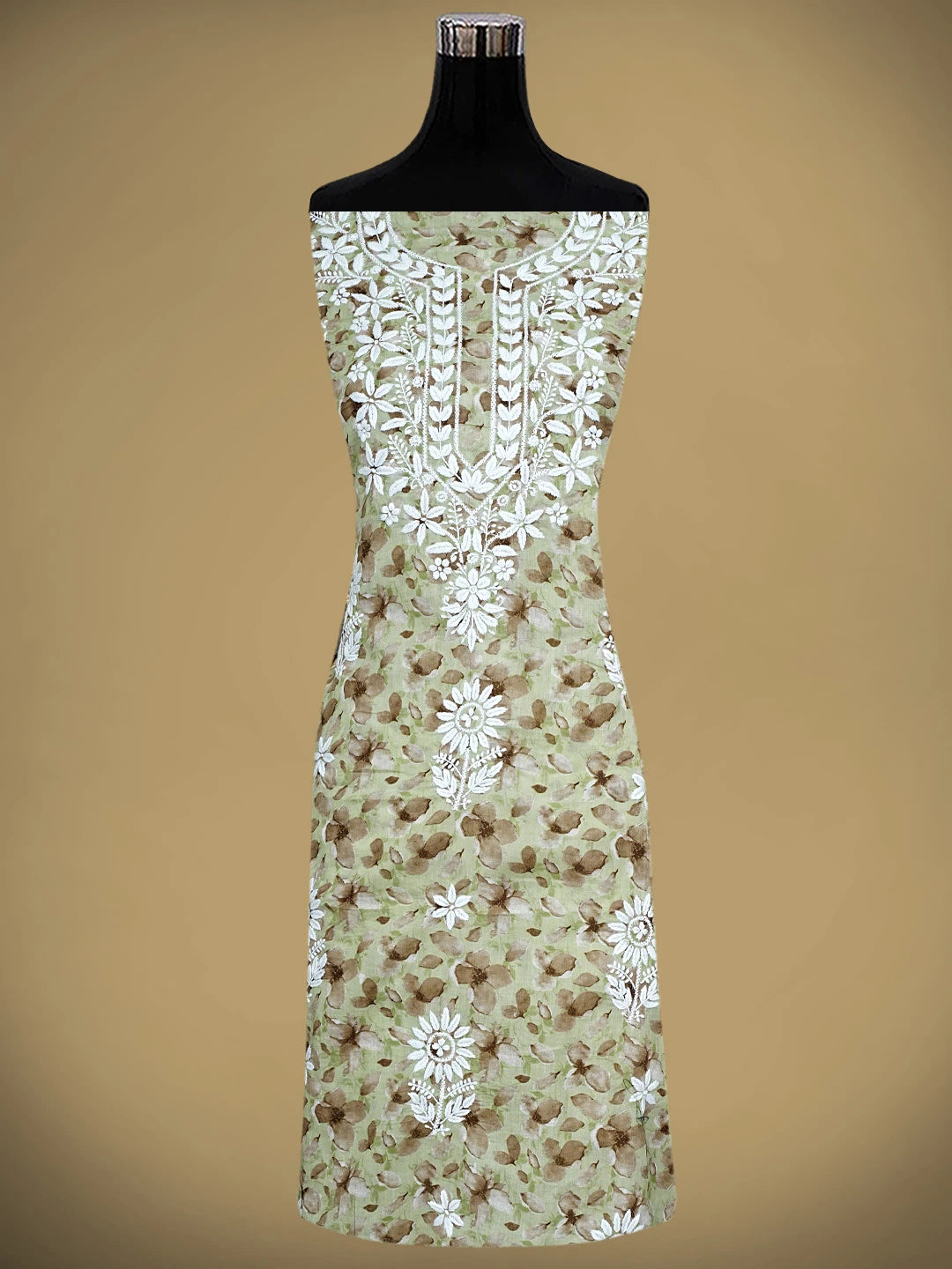 Ada Hand Embroidered Floral Printed Green Cotton Lucknowi Chikankari Kurta Dupatta Set 01A898216