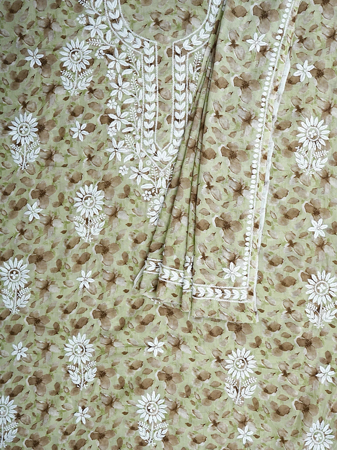 Ada Hand Embroidered Floral Printed Green Cotton Lucknowi Chikankari Kurta Dupatta Set 01A898216