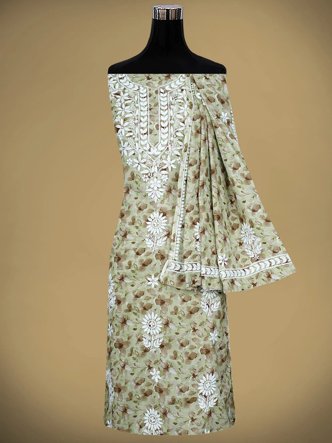 Ada Hand Embroidered Floral Printed Green Cotton Lucknowi Chikankari Kurta Dupatta Set 01A898216