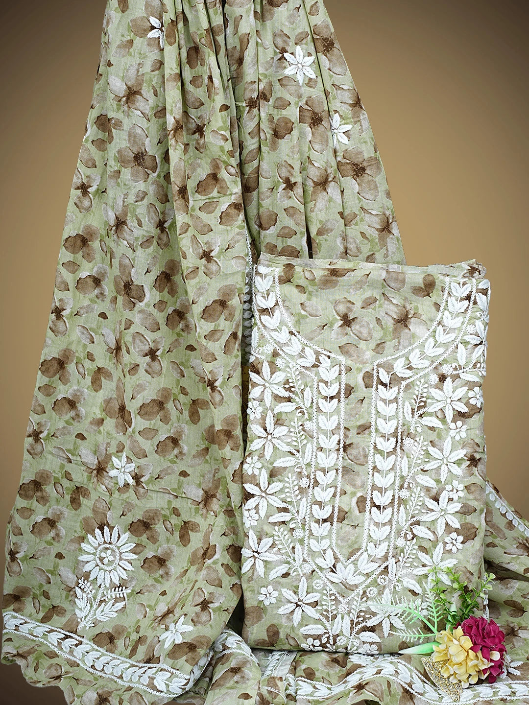 Ada Hand Embroidered Floral Printed Green Cotton Lucknowi Chikankari Kurta Dupatta Set 01A898216