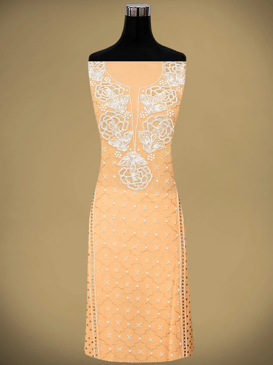 Ada Hand Embroidered Peach Viscose Georgette Unstitched Kurta Dupatta Set With Muqaish/Mukaish Work 01A911277
