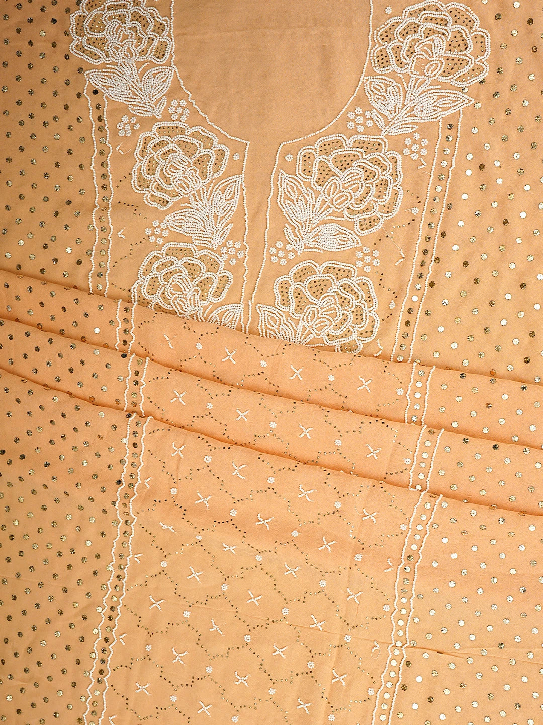 Ada Hand Embroidered Peach Viscose Georgette Unstitched Kurta Dupatta Set With Muqaish/Mukaish Work 01A911277