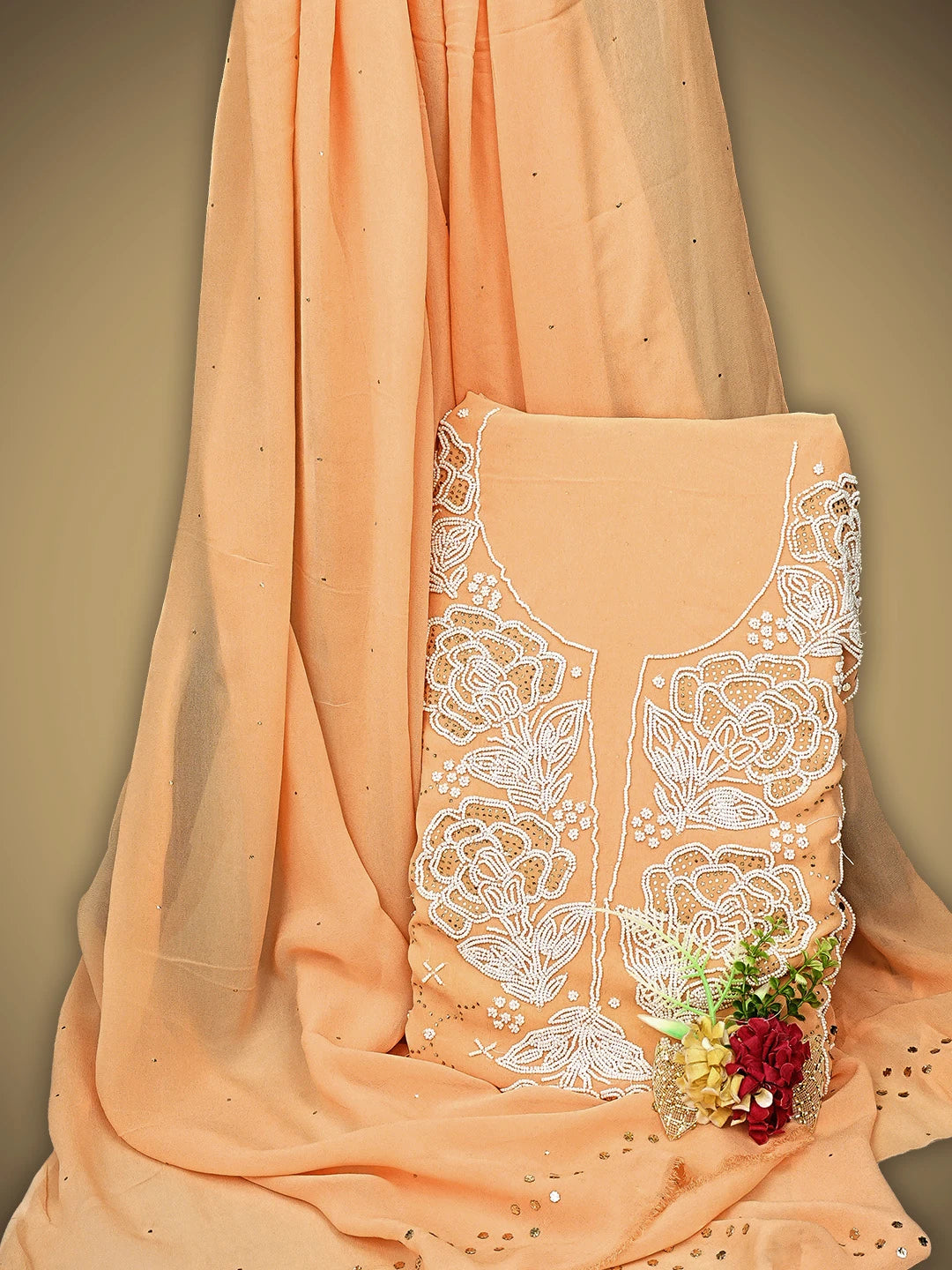 Ada Hand Embroidered Peach Viscose Georgette Unstitched Kurta Dupatta Set With Muqaish/Mukaish Work 01A911277