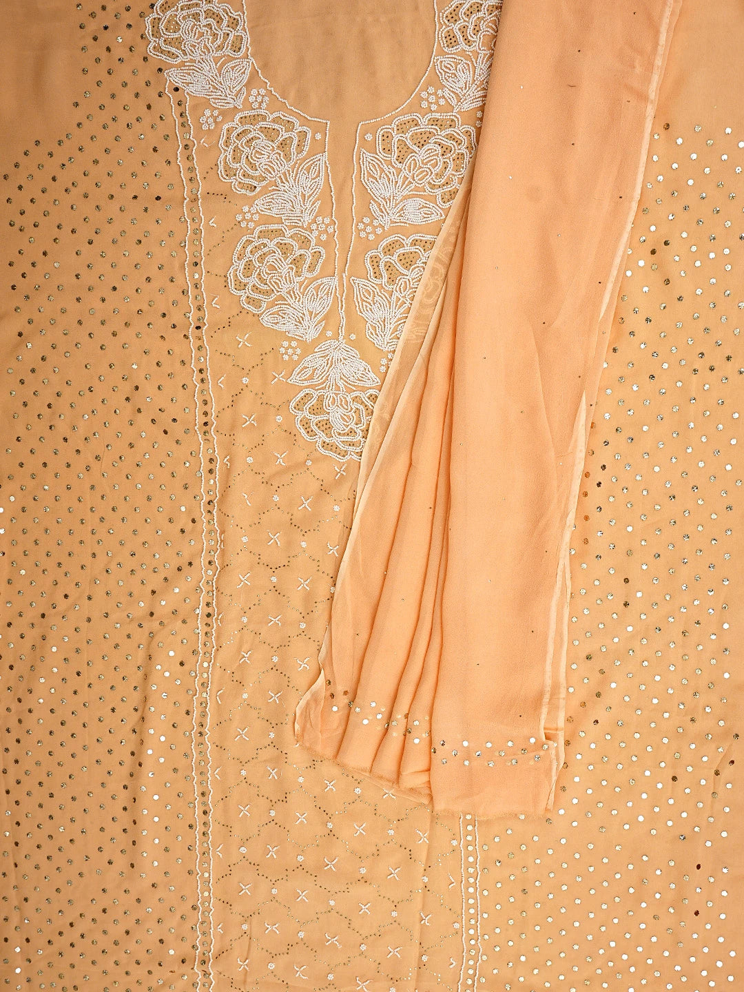 Ada Hand Embroidered Peach Viscose Georgette Unstitched Kurta Dupatta Set With Muqaish/Mukaish Work 01A911277