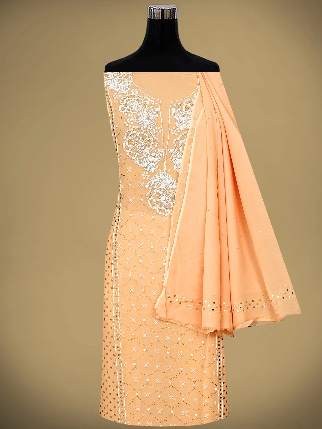 Ada Hand Embroidered Peach Viscose Georgette Unstitched Kurta Dupatta Set With Muqaish/Mukaish Work 01A911277
