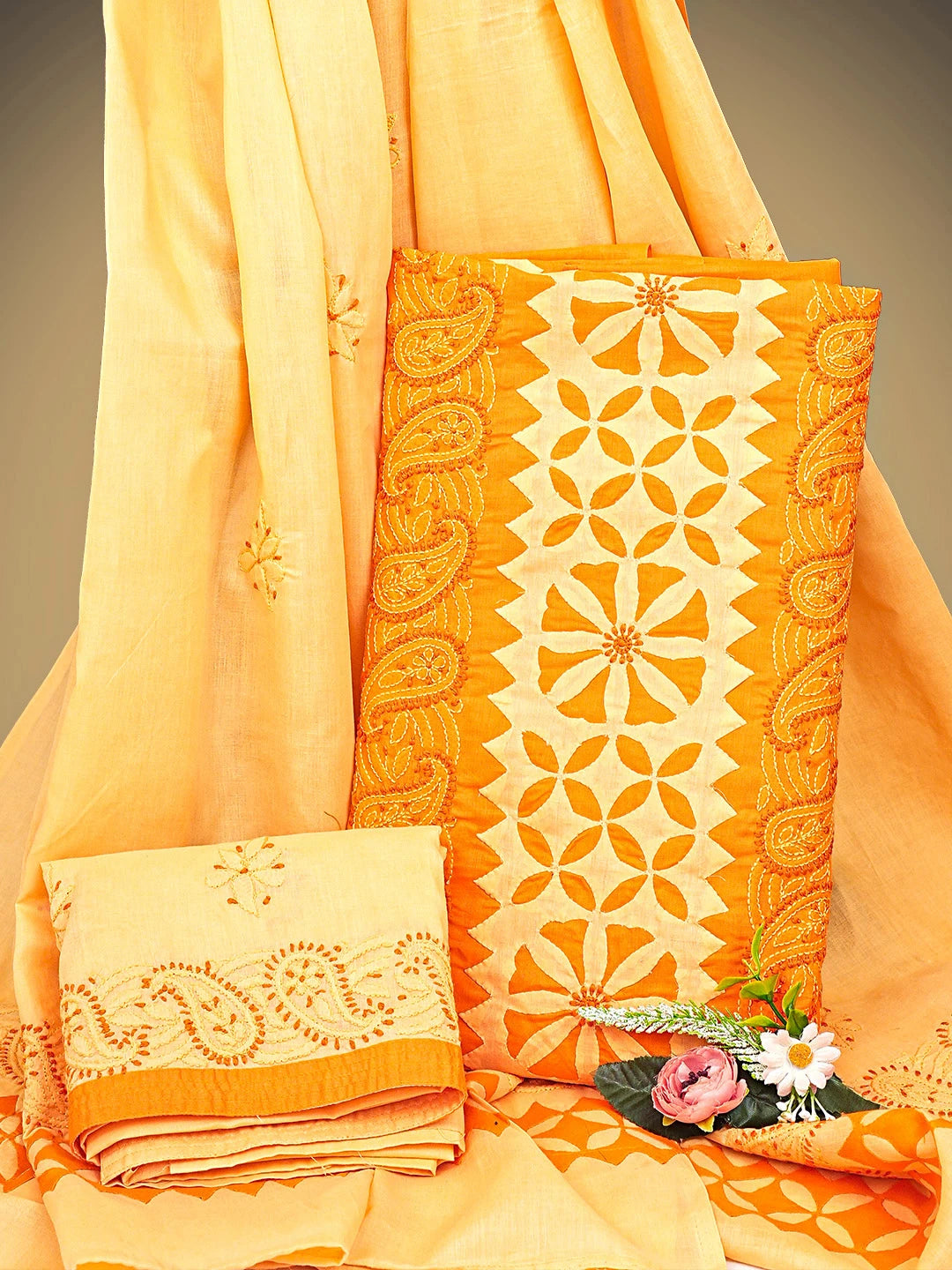 Ada Hand Embroidered Mustard Cotton Lucknowi Chikankari Unstitched Suit Piece 01A723402