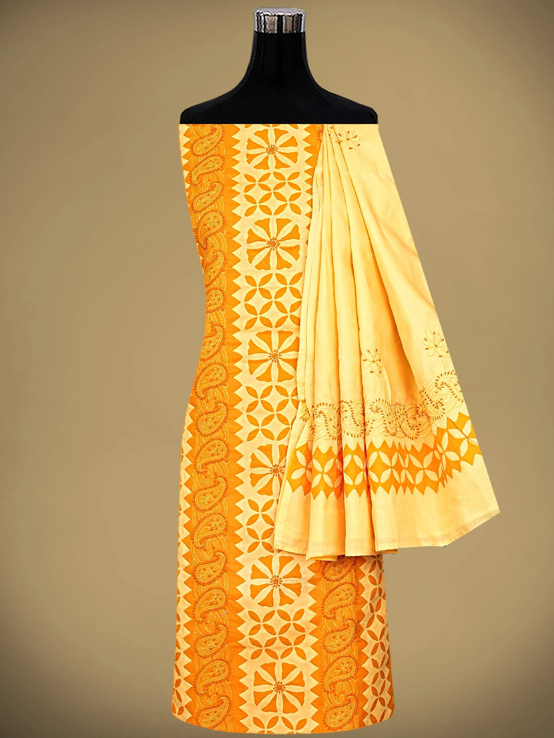 Ada Hand Embroidered Mustard Cotton Lucknowi Chikankari Unstitched Suit Piece 01A723402