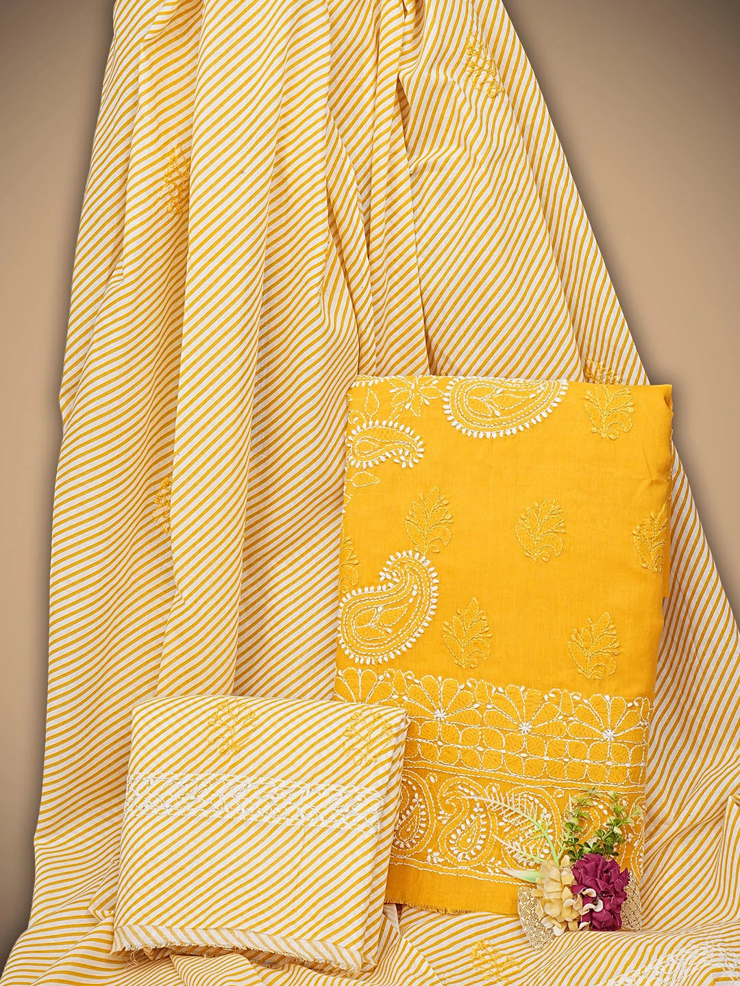 Ada Hand Embroidered Yellow Cotton Lucknowi Chikankari Unstitched Suit Piece 01A705368