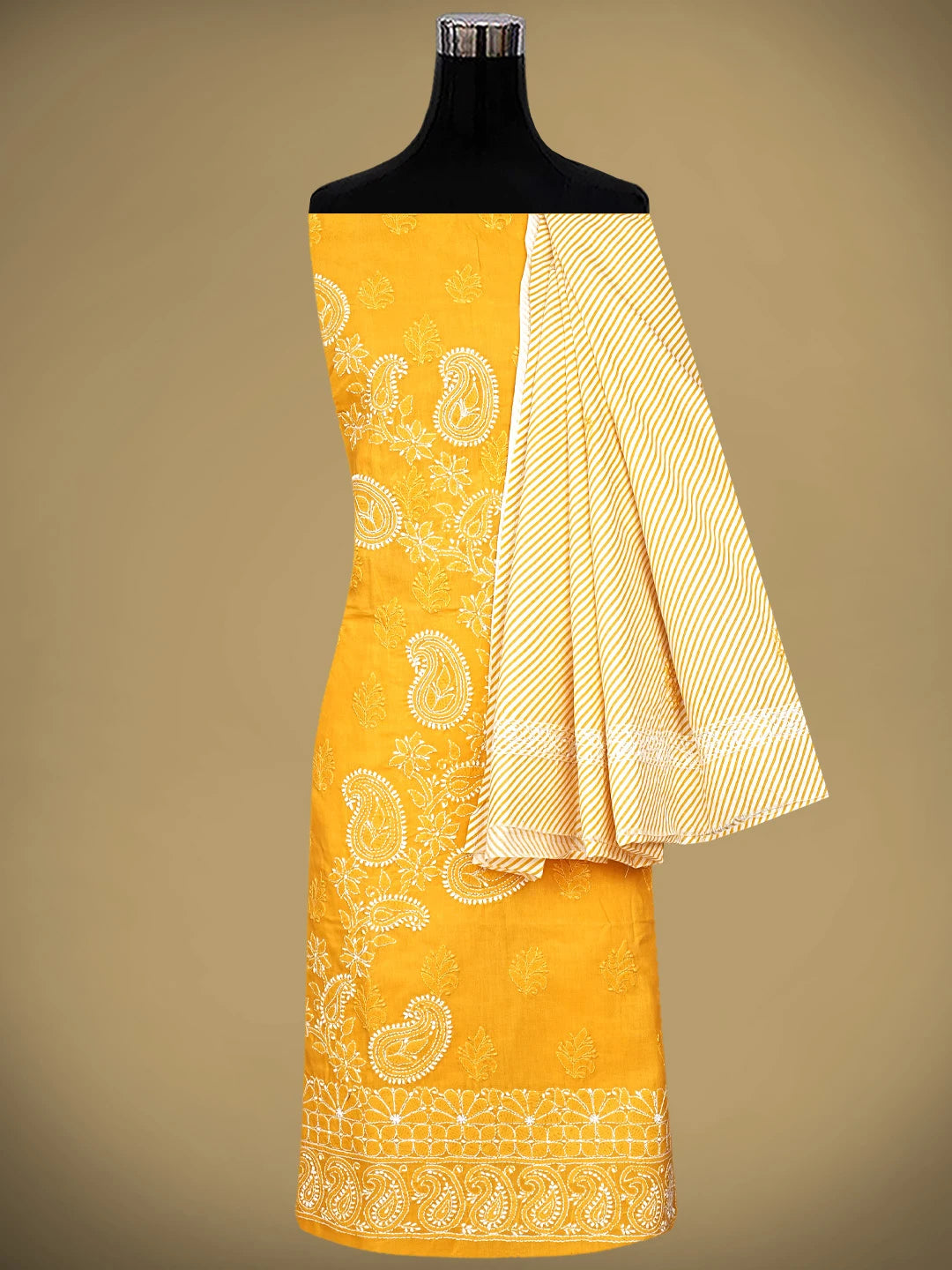 Ada Hand Embroidered Yellow Cotton Lucknowi Chikankari Unstitched Suit Piece 01A705368