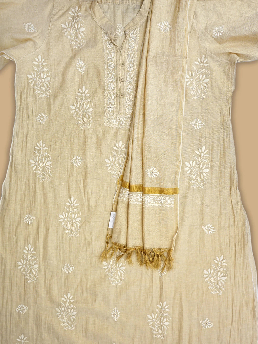 Ada Hand Embroidered Fawn Tissue Lucknowi Chikankari Semi-Stitched Kurta Dupatta Set 01A901091