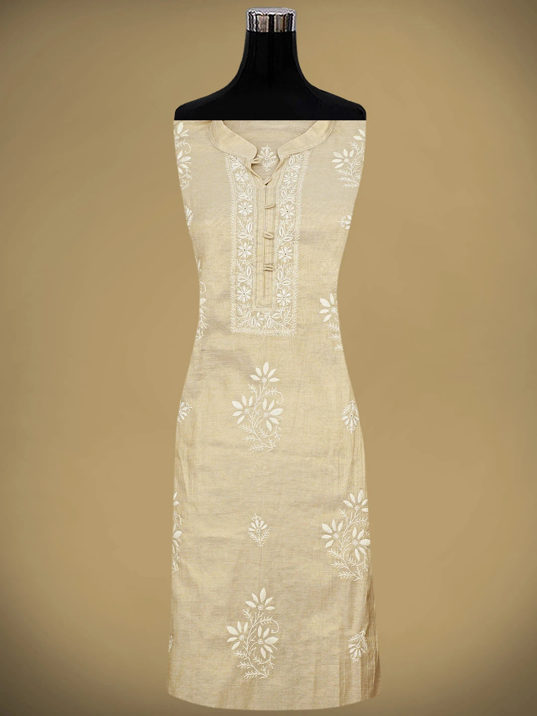 Ada Hand Embroidered Fawn Tissue Lucknowi Chikankari Semi-Stitched Kurta Dupatta Set 01A901091