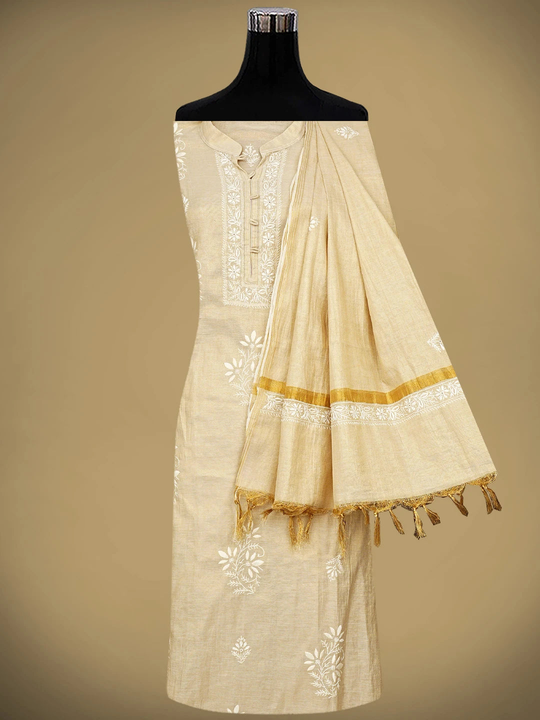 Ada Hand Embroidered Fawn Tissue Lucknowi Chikankari Semi-Stitched Kurta Dupatta Set 01A901091