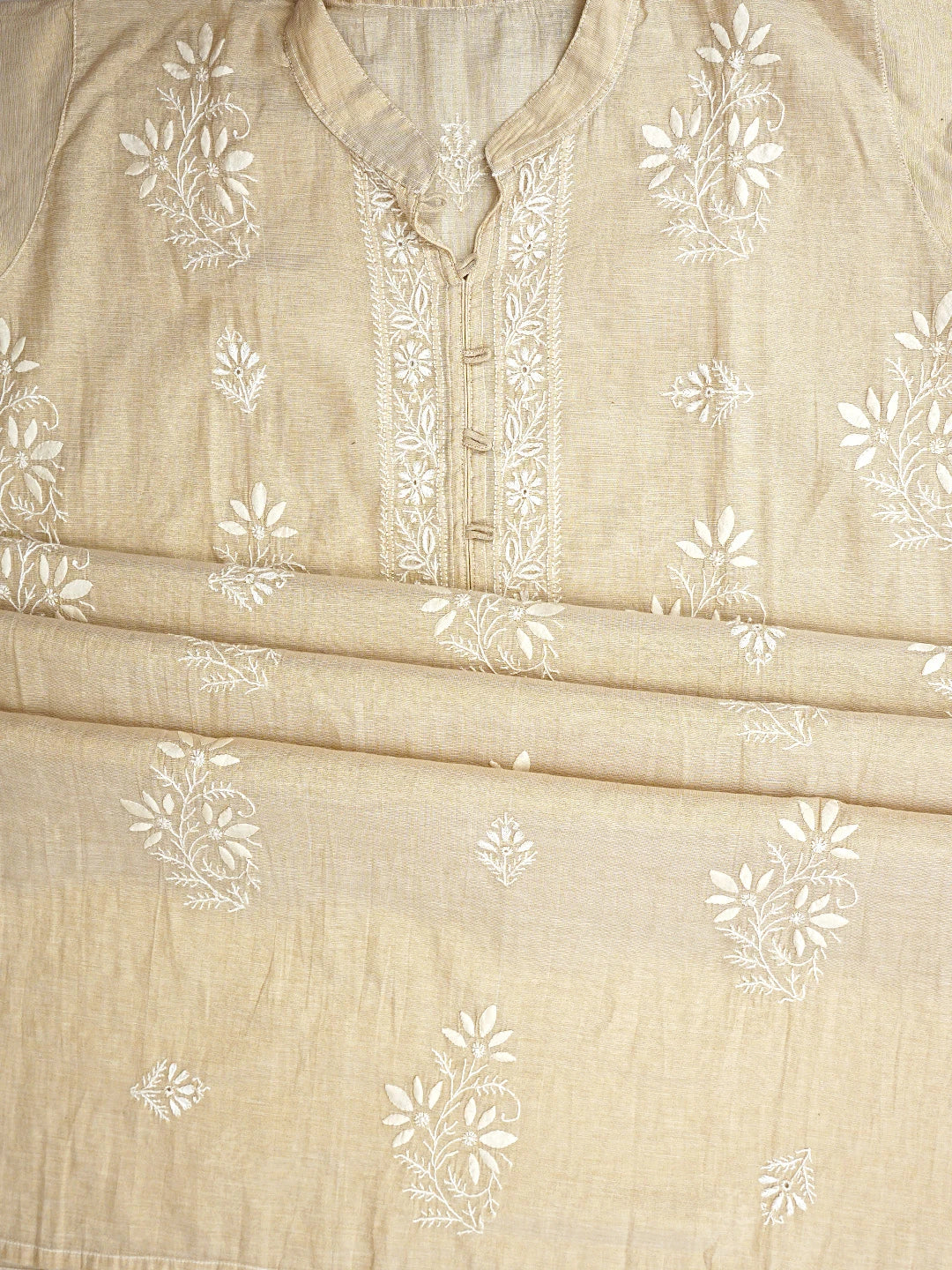 Ada Hand Embroidered Fawn Tissue Lucknowi Chikankari Semi-Stitched Kurta Dupatta Set 01A901091