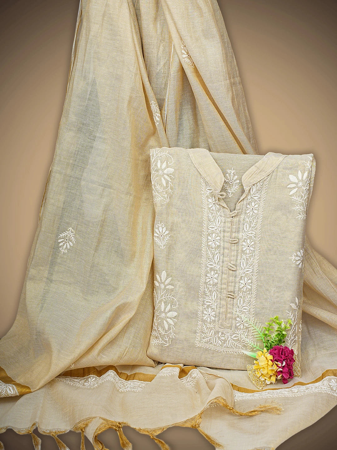 Ada Hand Embroidered Fawn Tissue Lucknowi Chikankari Semi-Stitched Kurta Dupatta Set 01A901091