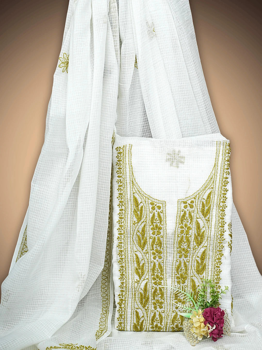 Ada Hand Embroidered Off White Kota Lucknowi Chikankari Unstitched Kurta Dupatta Set 01A876905