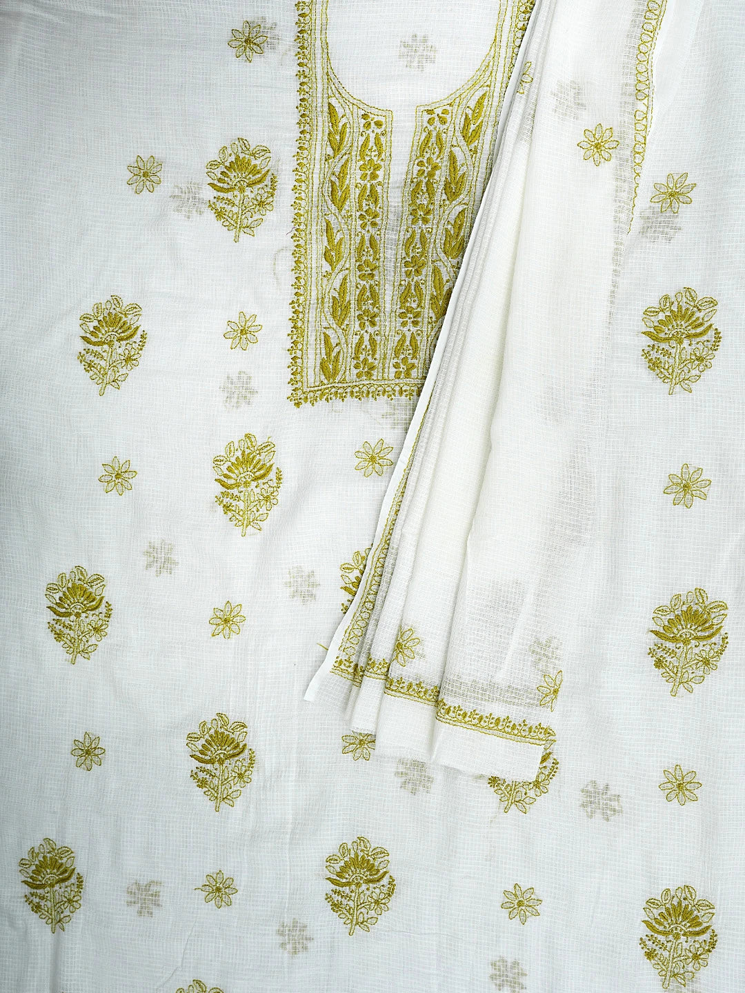 Ada Hand Embroidered Off White Kota Lucknowi Chikankari Unstitched Kurta Dupatta Set 01A876905